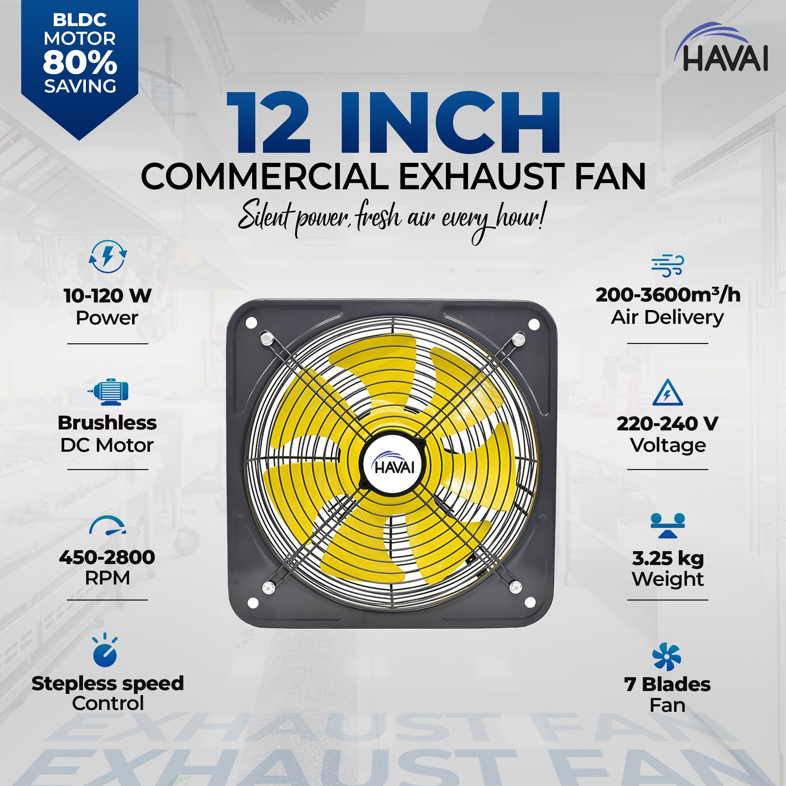 HAVAI BLDC Exhaust Fan | Power : 10W - 120W | Speed: 450-2800 RPM | Air Volume: 200-3600 m³/h | 1-Year Warranty | Stepless Speed Control | Metal Frame Included | Soundless (12-Inch Blade)