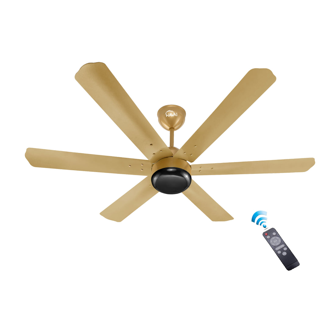 HAVAI Spinel BLDC Ceiling Fan - 6 Blades – Black Motor - 35W, 1200mm Blade with Remote – 0.5W LED (Champagne Yellow)