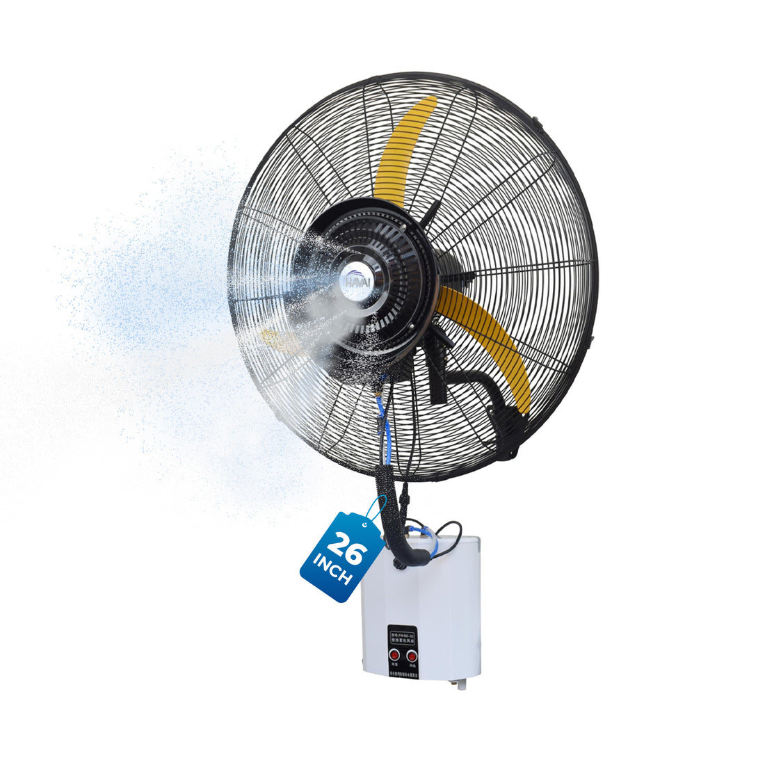 HAVAI 26&quot; BLDC Wall-Mount Mist Fan – 450 Sq. Ft. Coverage, 12L Tank, 1300-9000 M³/Hr Airflow, 4-Speed Control, Yellow &amp; Black, 2-Year Warranty