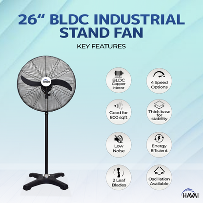 HAVAI BLDC Pedestal Fan 26 inch, 50% Savings on Electricity, High Velocity, Heavy Duty Metal for Industrial, Commercial and Residential Use, Assembly Included