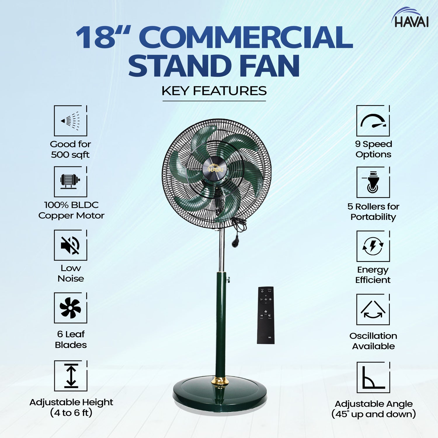 Havai BLDC 18&quot; Pedestal Fan, Soundless, 50% Savings On Electricity, High Velocity,For Commercial And Residential Use, Assembly Included , Green - With Remote