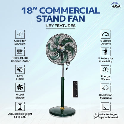 Havai BLDC 18&quot; Pedestal Fan, Soundless, 50% Savings On Electricity, High Velocity,For Commercial And Residential Use, Assembly Included , Green - With Remote