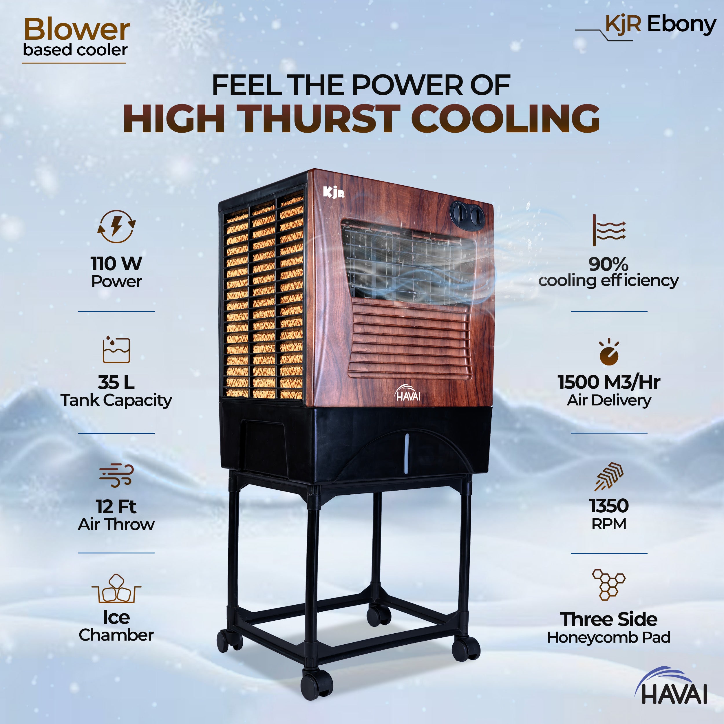 HAVAI KJR Ebony Air Cooler | Wooden Finish | 12-Foot Air Throw | 200 Sq. Ft. Coverage | 35-Litre Tank with Ice Chamber | 3-Sided Honeycomb | Trolley Included | 3-Speed Control | 1-Year Warranty