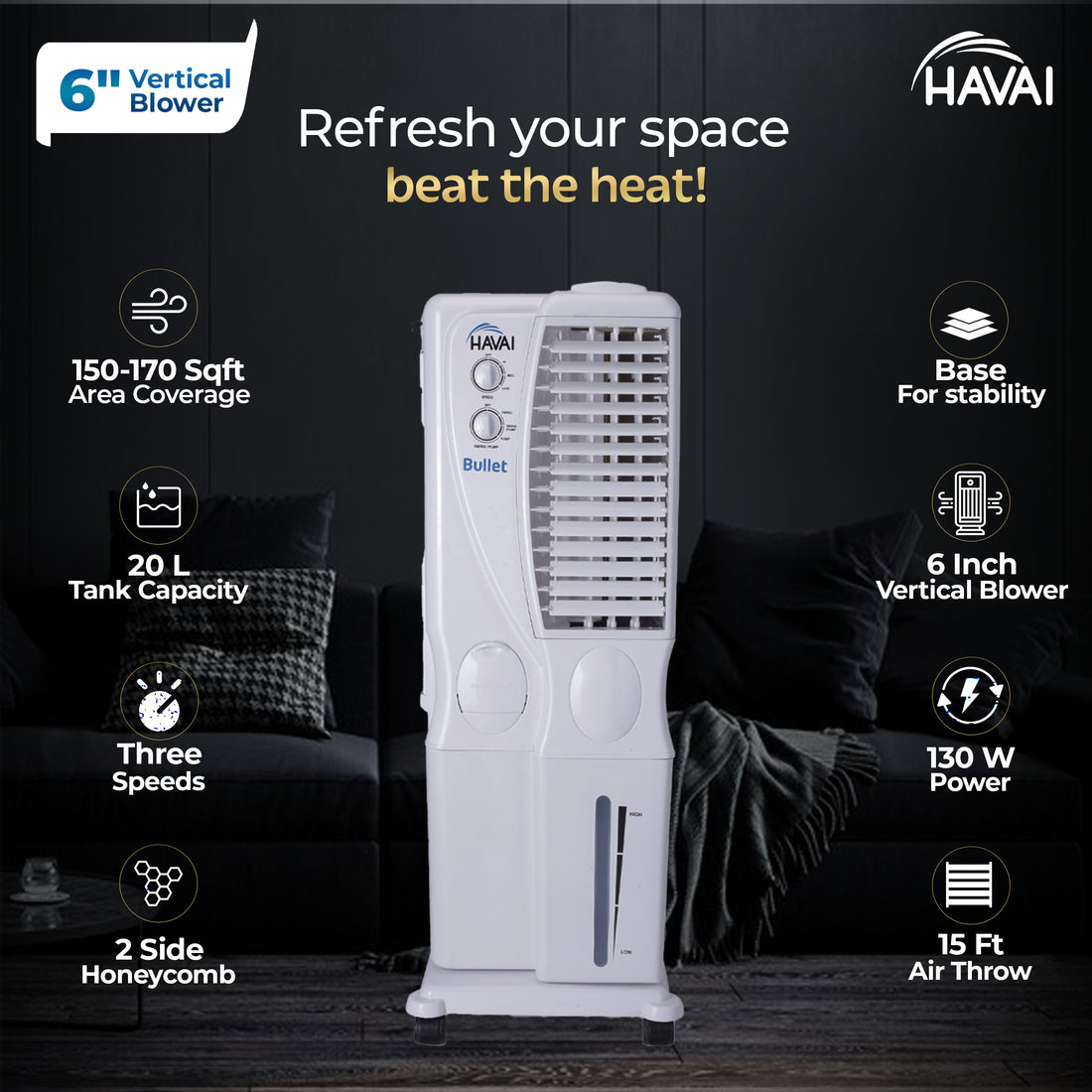 HAVAI Bullet Tower Air Cooler - 20 Liter, White