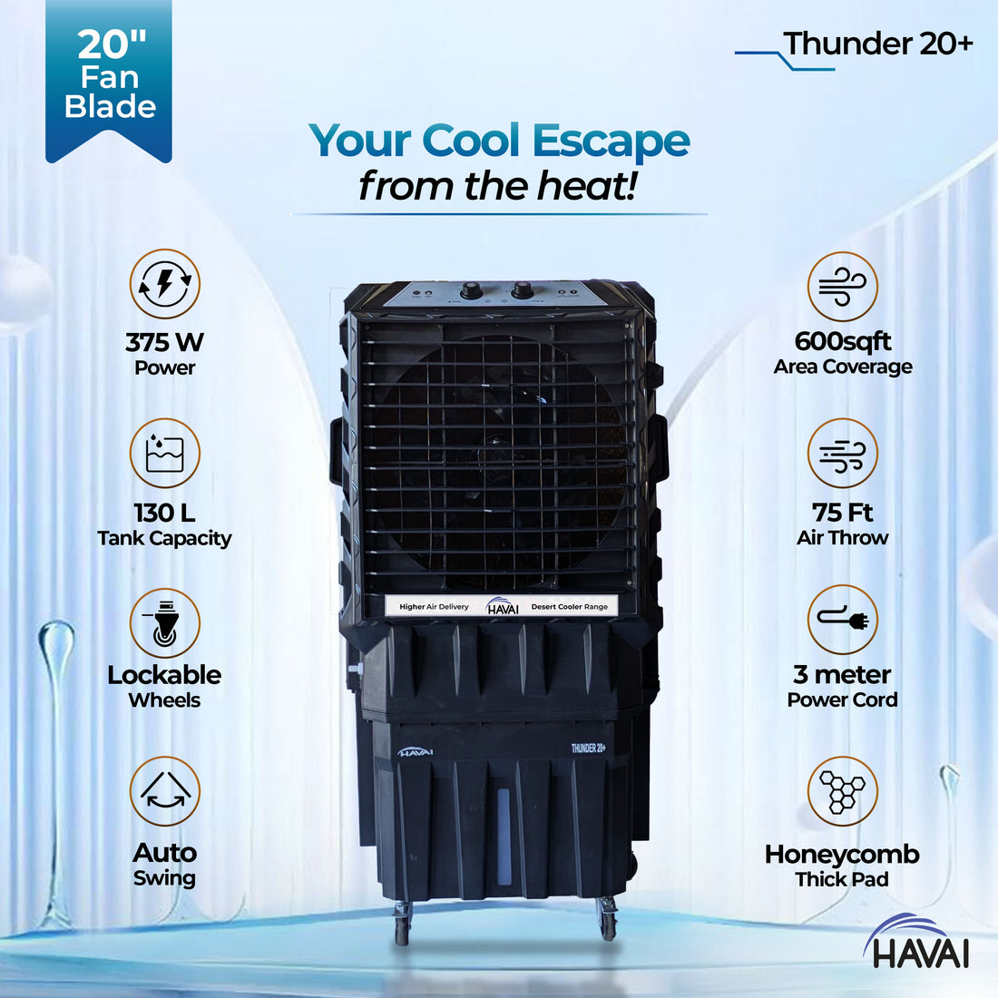 HAVAI Thunder 20+ Desert Cooler |20 Inch Aluminum Blade |600 Feet Area Coverage|130 Litre Tank Capacity, Lockable Wheels, Auto Swing, Thick Dense Honeycomb, 1 Year Warranty|3 Speed Control