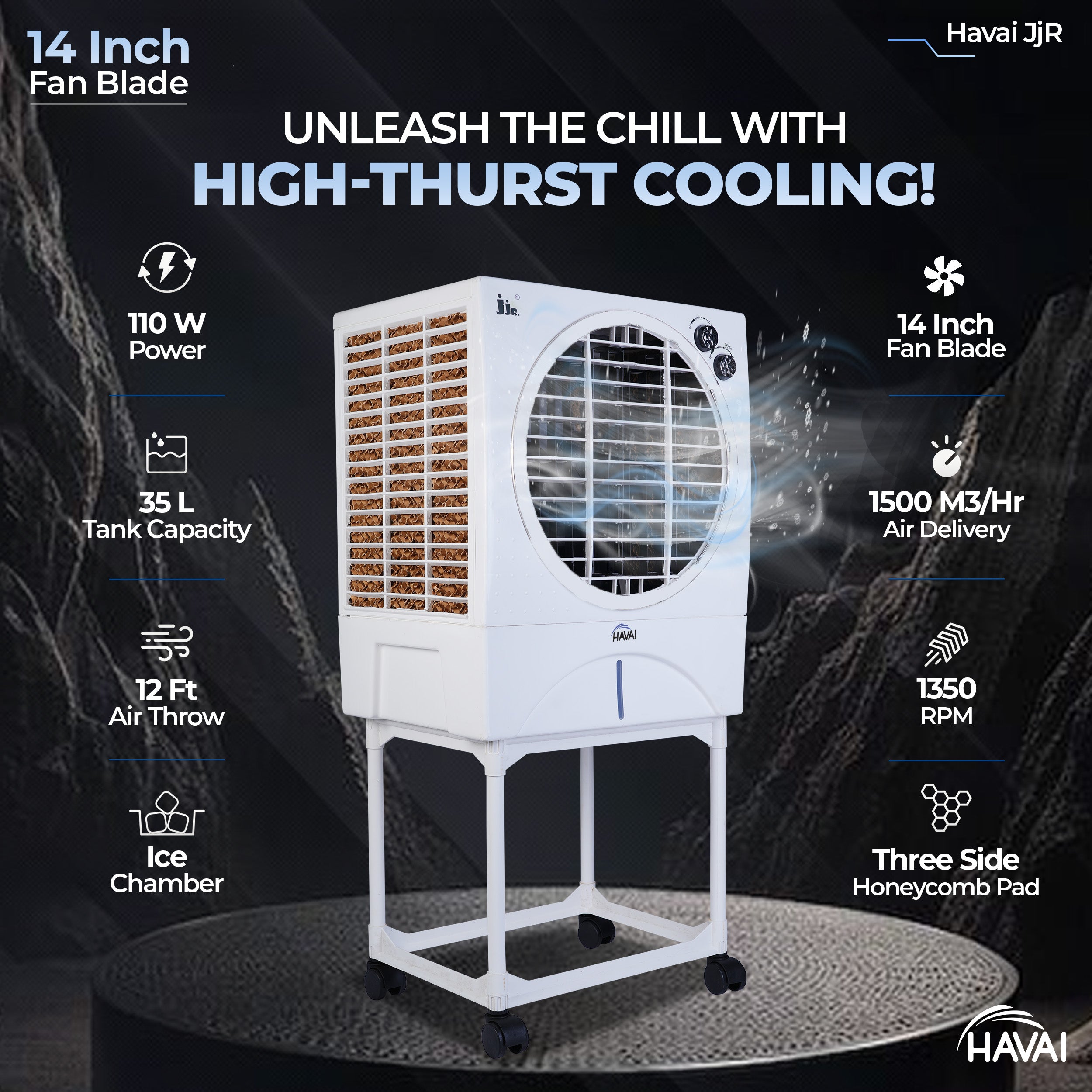 HAVAI JJR Air Cooler |14 inch Blade |Trolley Included |200 Sq. Ft Area Coverage |12-Foot Air Throw | 35 Litre Tank, Three Side Honeycomb, Ice Chamber, 1 Year Warranty