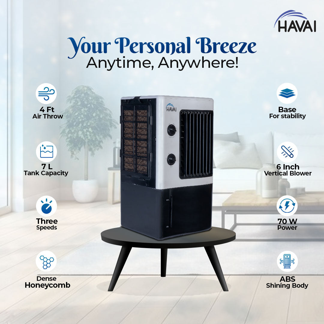 HAVAI Nano Table Cooler | Vertical Blower |Single Person Use|7 Litre Tank Capacity, Ice Box, 2 Feet Air Throw, 1 Year Warranty|3 Speed Control | Dualtone