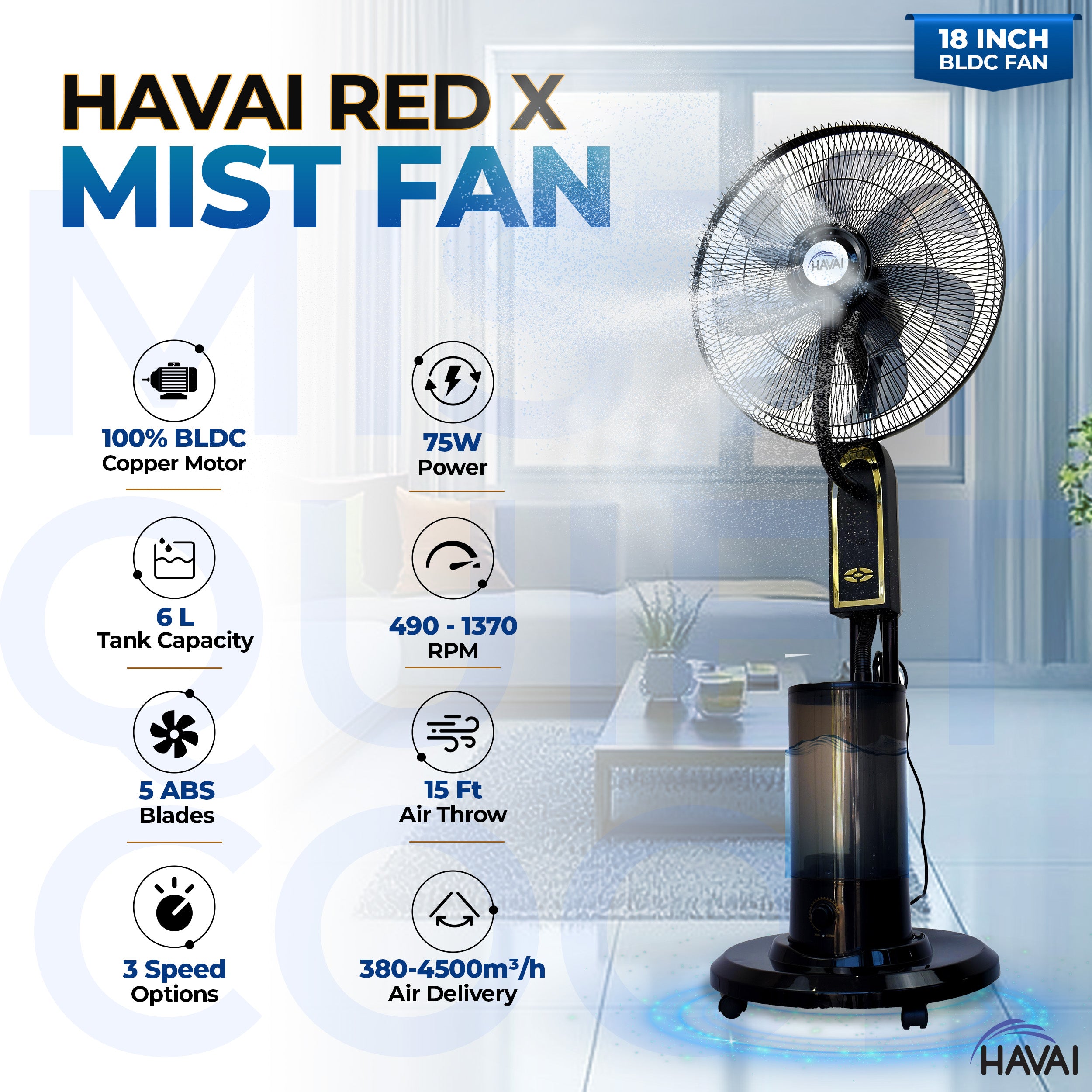 HAVAI RED X 18&quot; BLDC Mist Pedestal Fan – High-Speed, Remote &amp; Touch Control, 6L Tank, 75W Power, 350 Sq Ft Coverage, Easy Install, Black