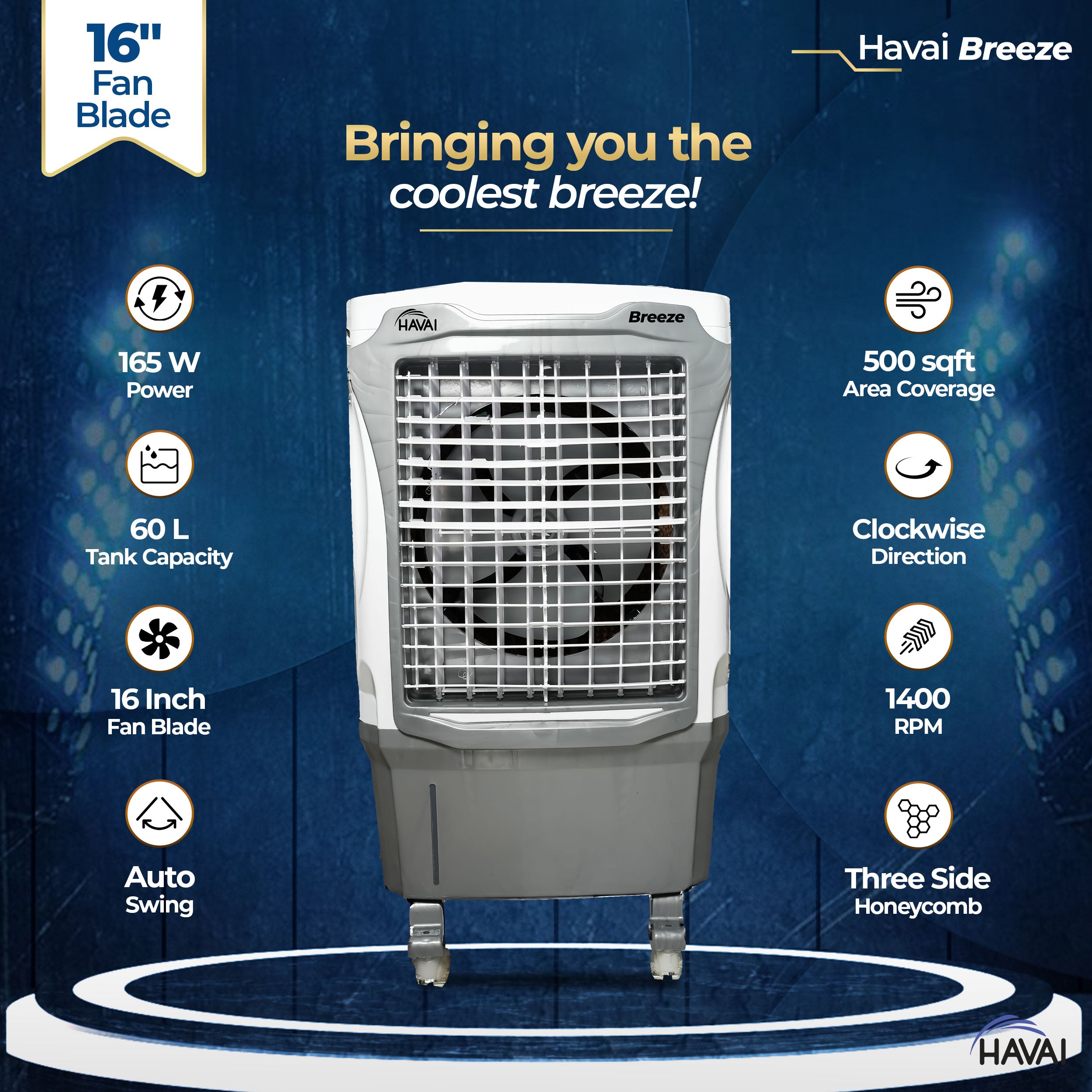 HAVAI Breeze 60L Desert Air Cooler | 16&quot; Fan Blade | 60L Tank Capacity | 500 Sq. Ft. Coverage | Auto Swing | Back Honeycomb Pads | White &amp; Grey