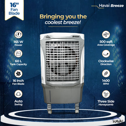 HAVAI Breeze 60L Desert Air Cooler | 16&quot; Fan Blade | 60L Tank Capacity | 500 Sq. Ft. Coverage | Auto Swing | Back Honeycomb Pads | White &amp; Grey