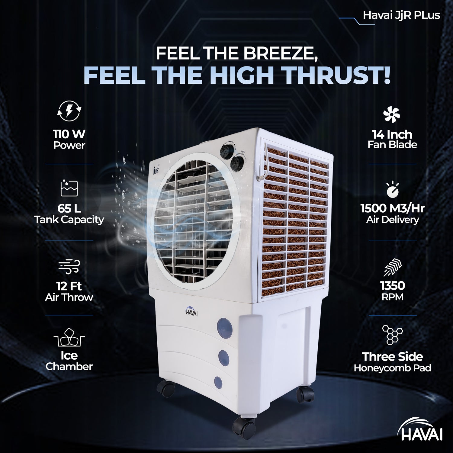 HAVAI JJR Plus Air Cooler |14 inch Fan Blade | 200 Sq. Ft Area Coverage |12-Foot Air Throw | 65 Litre Tank Capacity, Three Side Honeycomb, Ice Chamber, 1 Year Warranty