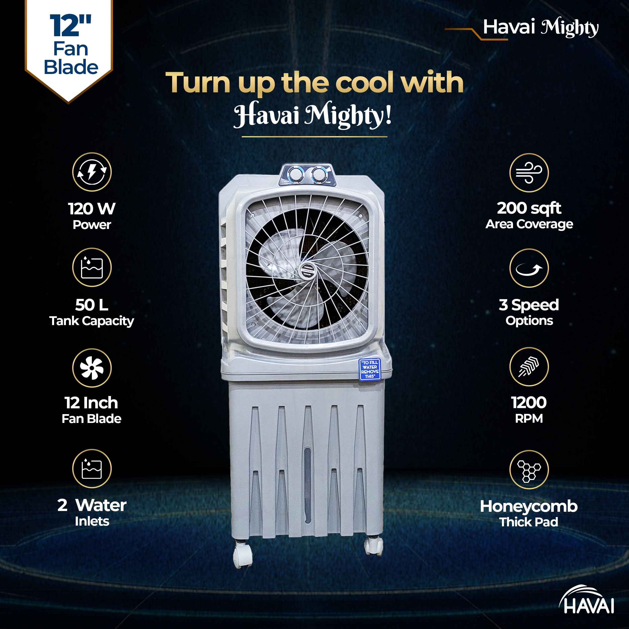 HAVAI Mighty 12 Personal Air Cooler | 12 inch Blade | 50L Tank Capacity, 120W Power, 200 Sq. Ft. Area Coverage | 15 Ft. Air Throw, 3-Speed Control, Grey