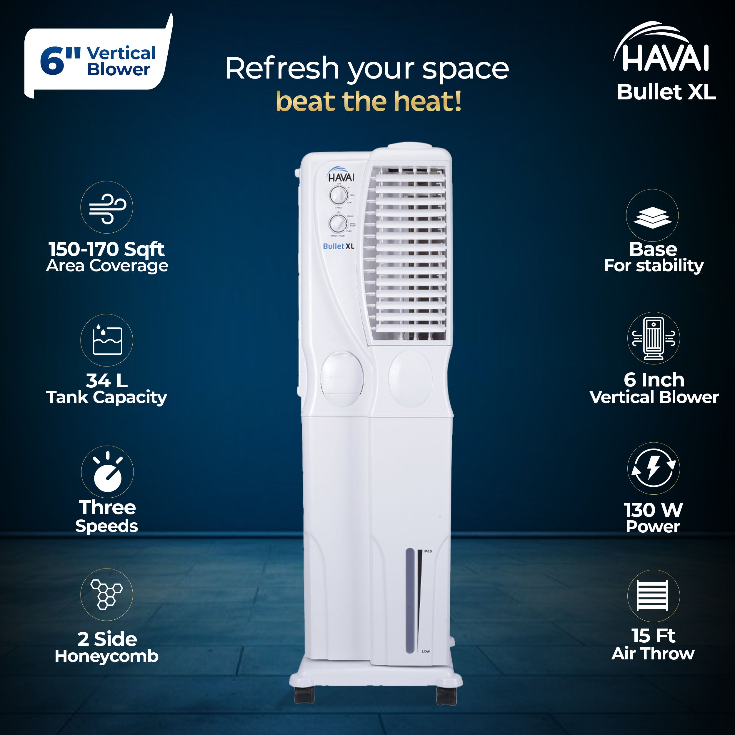 HAVAI Bullet XL Tower Air Cooler - 34 Liter, White