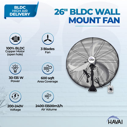 HAVAI 26&quot; BLDC High-Speed Wall-Mount Fan – 3-Blade Design, Energy Efficient (20W-135W), 700-1400 RPM, 13,500 M³/Hr Airflow, 60-Foot Air Throw, 4-Speed Control, 2-Year Warranty