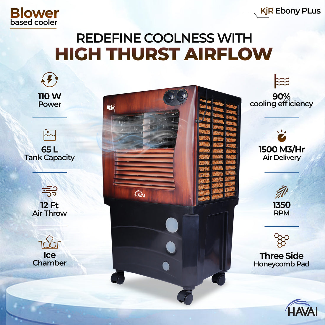 HAVAI KJR Ebony Plus Air Cooler |Wooden Finish |Blower Based Thrust | 200 Sq. Ft Area Coverage |12-Foot Air Throw |65 Litre Tank Capacity, Three Side Honeycomb, Ice Chamber, 1 Year Warranty