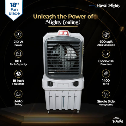 Havai Mighty 18&quot; Air Cooler | 18 Inch Blade | 110L Tank Capacity | 210W Power | 600 Sqft Coverage | Auto Swing | Back Honeycomb | Clockwise | Lockable Wheels