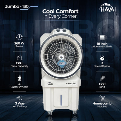 HAVAI Jumbo 130 Inch Desert Cooler - 400 Sq Ft Area Coverage - 130 L, 18 Inch Blade, Grey