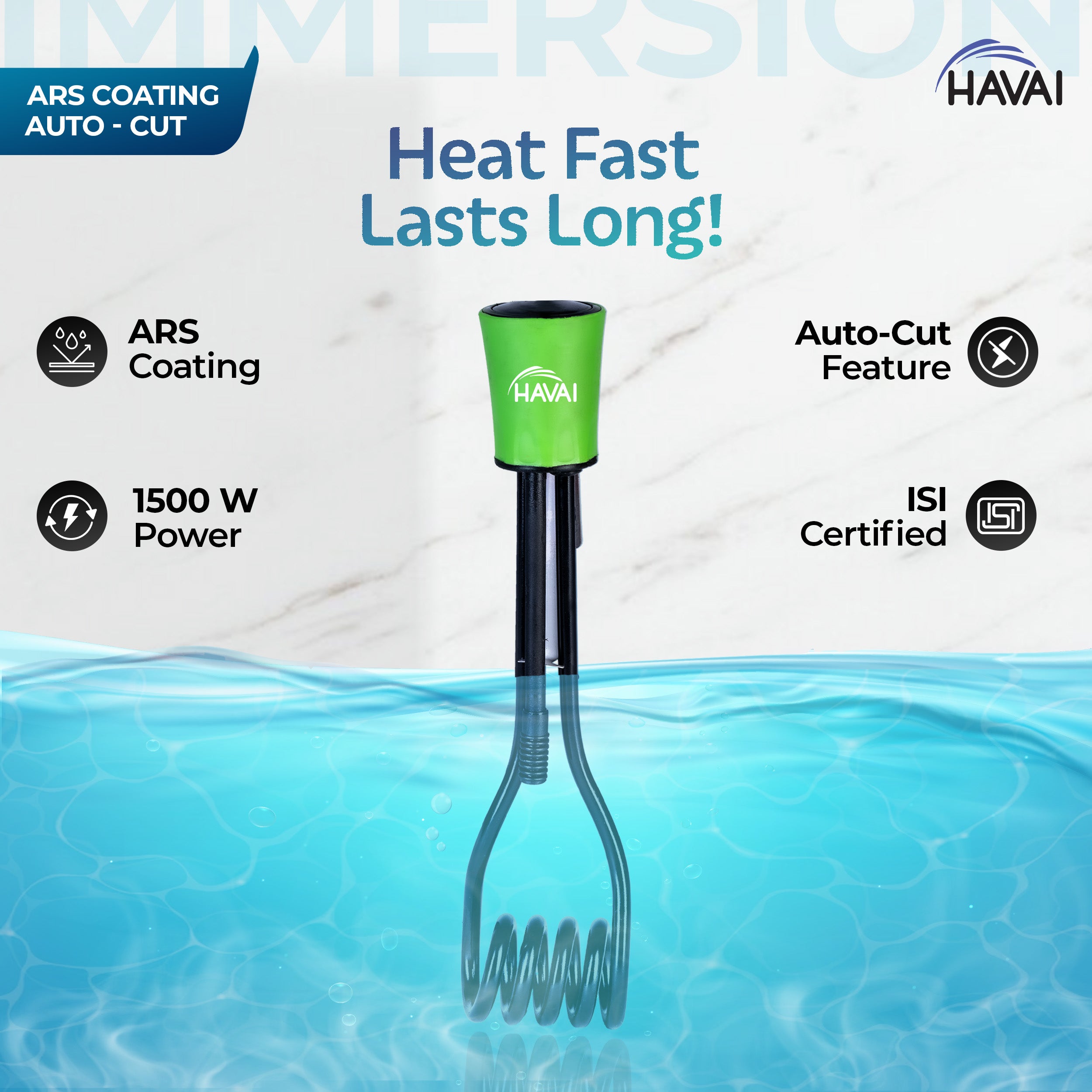 Havai Immersion Rod with ARS Coating | Salt Water Protection | Waterproof| Smart Auto Cut Feature | ISI Certified 3 Pin Powerchord | Model Green Handle | 1 Year Replacement Warranty (1500, Watts)