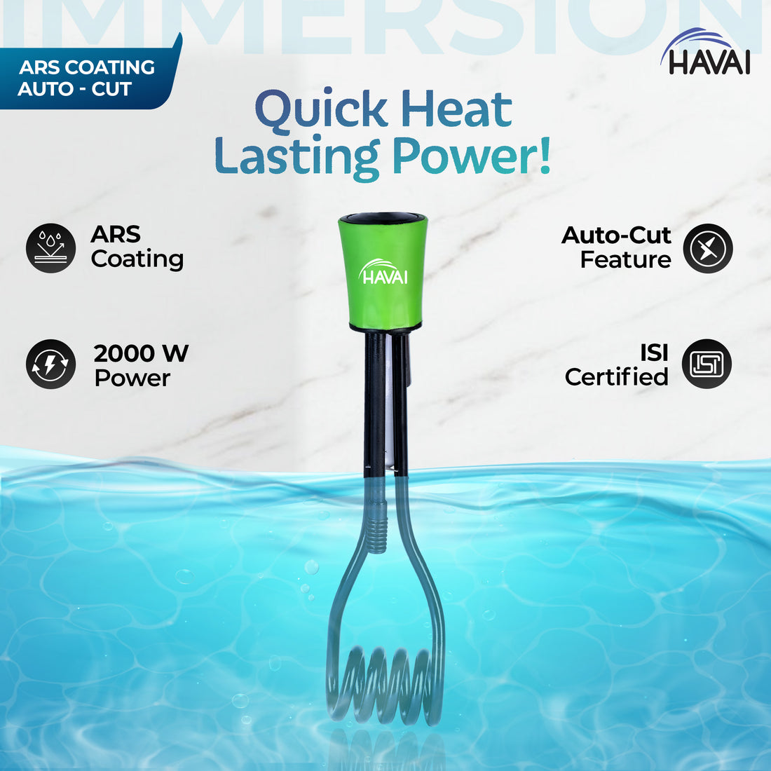 Havai Immersion Rod with ARS Coating | Salt Water Protection | Waterproof| Smart Auto Cut Feature | ISI Certified 3 Pin Powerchord | Model Green Handle | 1 Year Replacement Warranty (2000, Watts)