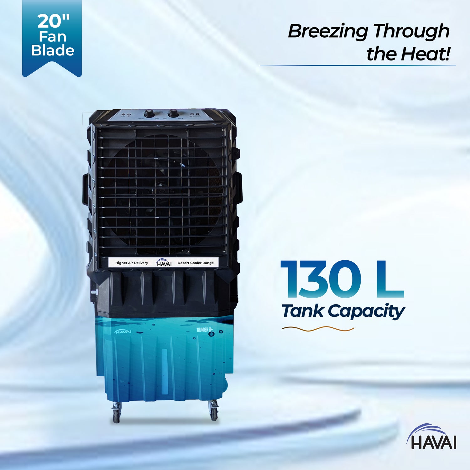 HAVAI Thunder 20+ Desert Cooler |20 Inch Aluminum Blade |600 Feet Area Coverage|130 Litre Tank Capacity, Lockable Wheels, Auto Swing, Thick Dense Honeycomb, 1 Year Warranty|3 Speed Control