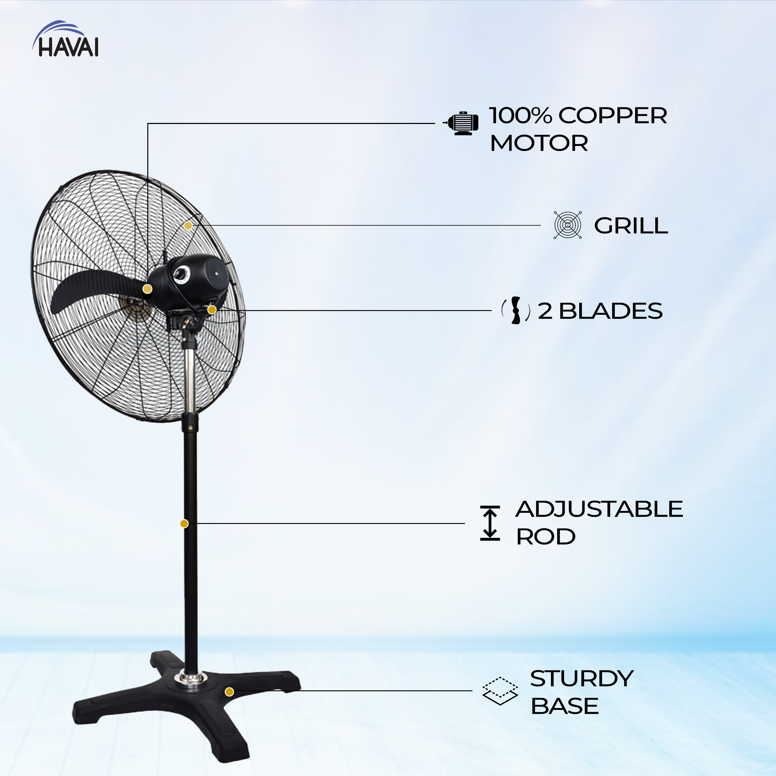 HAVAI BLDC Pedestal Fan 26 inch, 50% Savings on Electricity, High Velocity, Heavy Duty Metal for Industrial, Commercial and Residential Use, Assembly Included