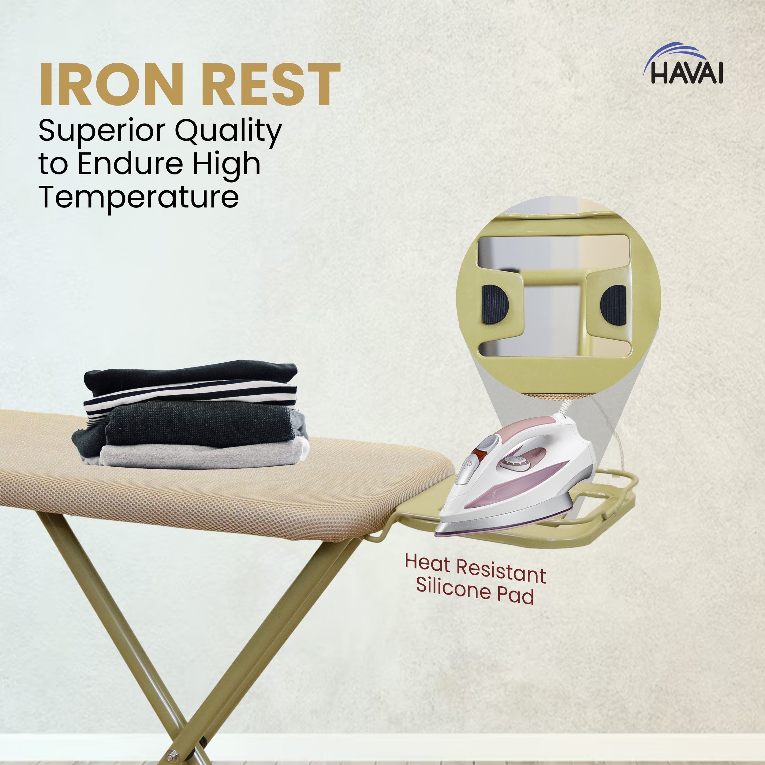 HAVAI Golden Iron Table for Ironing Clothes | 3X Padding, Surface (97 x 34cm) | Anti-Slip Feet, Heat-Resistant, Sturdy 3-Leg Design, Iron Rest with Silicon Stopper | Space-Saving Ironing Board