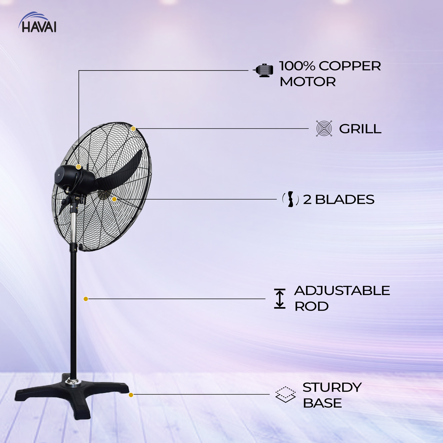 Havai BLDC Pedestal Fan 20 Inch, 50% Savings On Electricity, High Velocity, Heavy Duty Metal For Industrial, Commercial And Residential Use, Assembly Included , Black