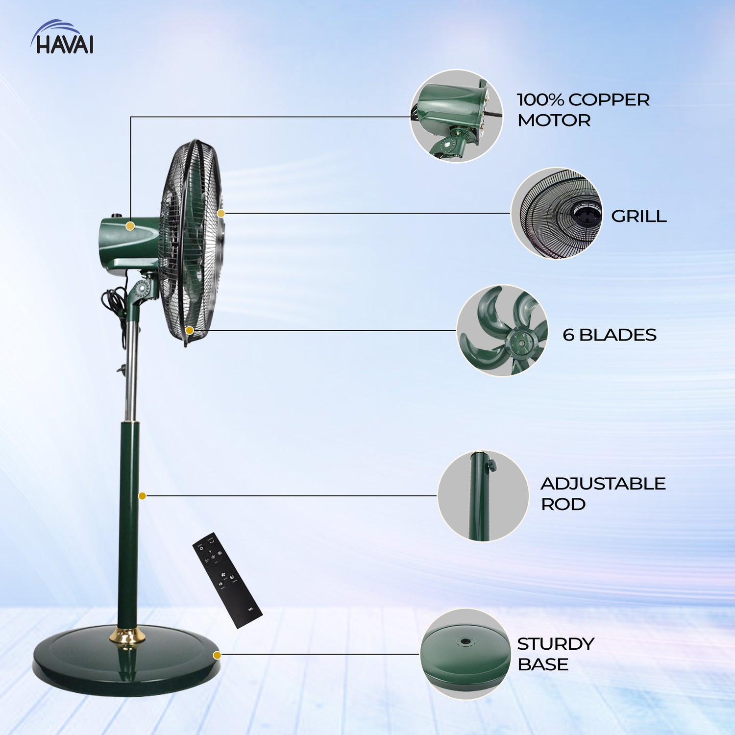 Havai BLDC 18&quot; Pedestal Fan, Soundless, 50% Savings On Electricity, High Velocity,For Commercial And Residential Use, Assembly Included , Green - With Remote