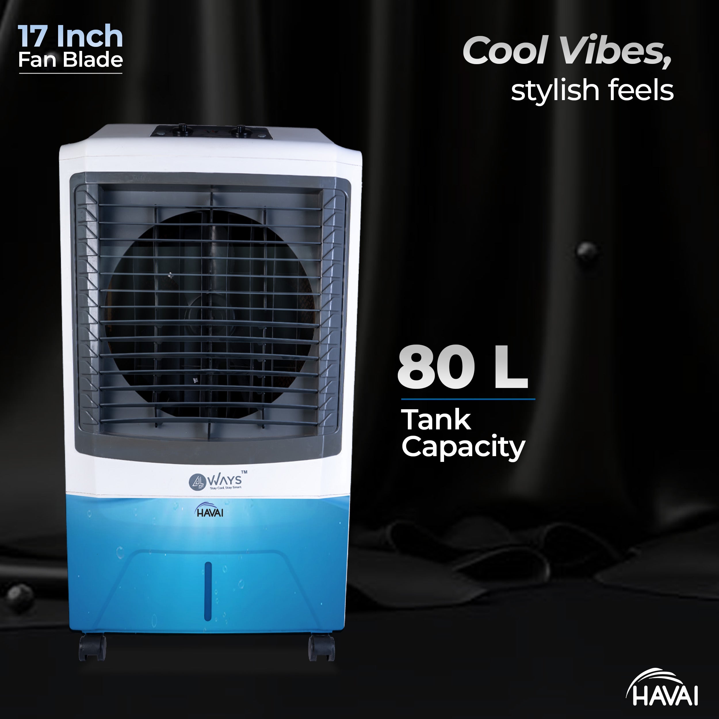 HAVAI 4 Way Plus Cooler | 17-Inch Fan Blade | High Thrust Energy | 500 Sq. Ft Area Coverage | 25-Foot Air Throw | 80 Litre Tank | Three-Side Honeycomb Pads | 1-Year Warranty | Sleek Design