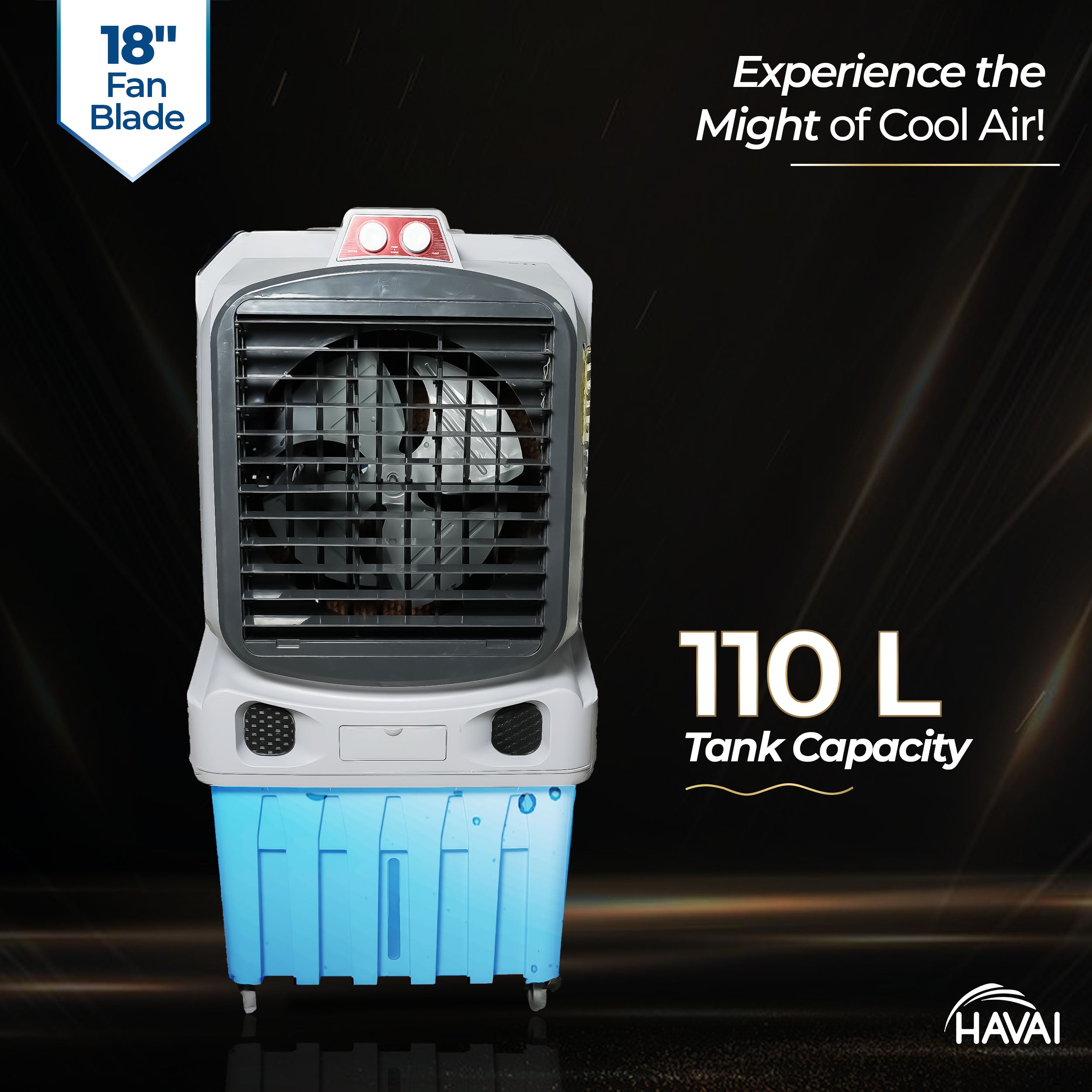 Havai Mighty 18&quot; Air Cooler | 18 Inch Blade | 110L Tank Capacity | 210W Power | 600 Sqft Coverage | Auto Swing | Back Honeycomb | Clockwise | Lockable Wheels