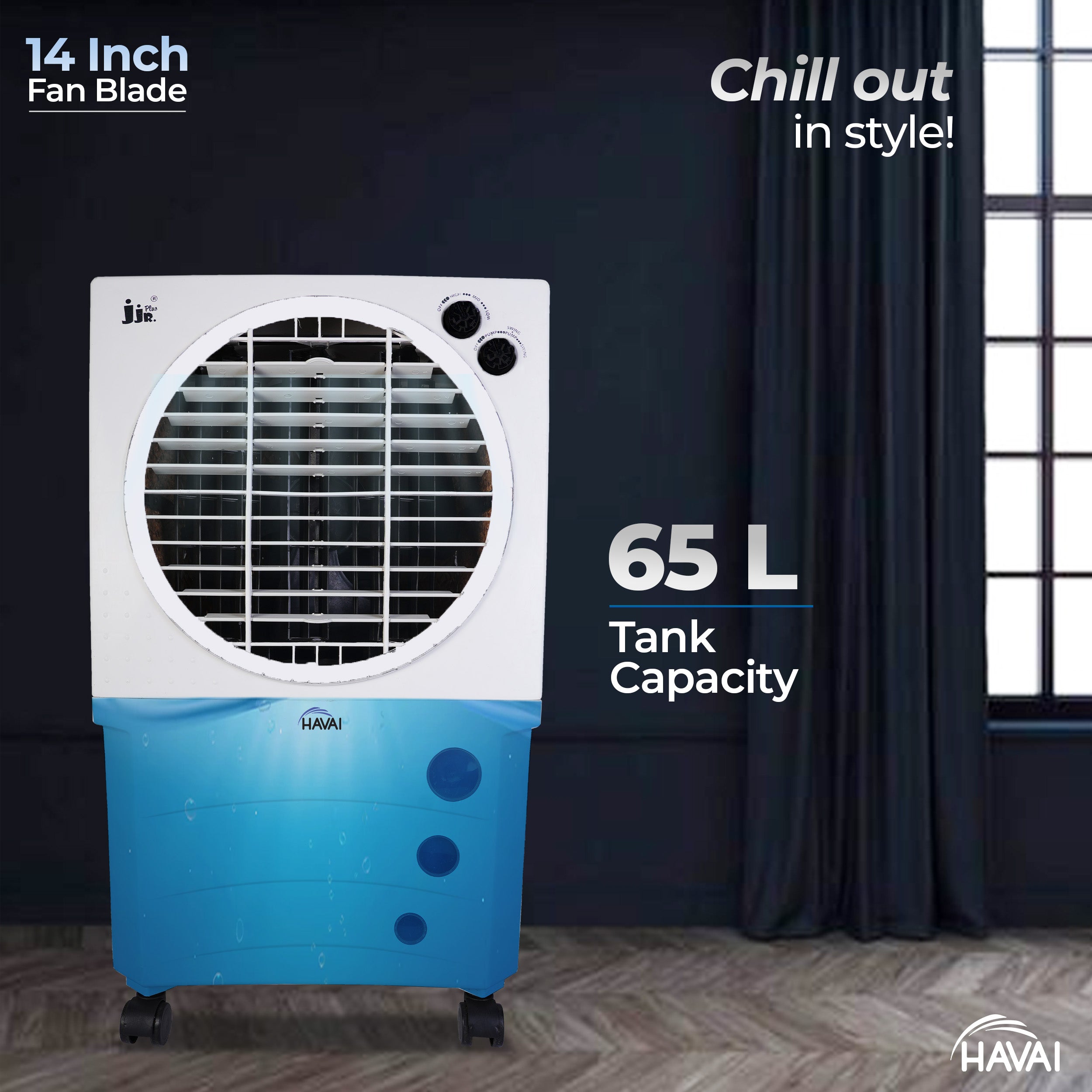 HAVAI JJR Plus Air Cooler |14 inch Fan Blade | 200 Sq. Ft Area Coverage |12-Foot Air Throw | 65 Litre Tank Capacity, Three Side Honeycomb, Ice Chamber, 1 Year Warranty