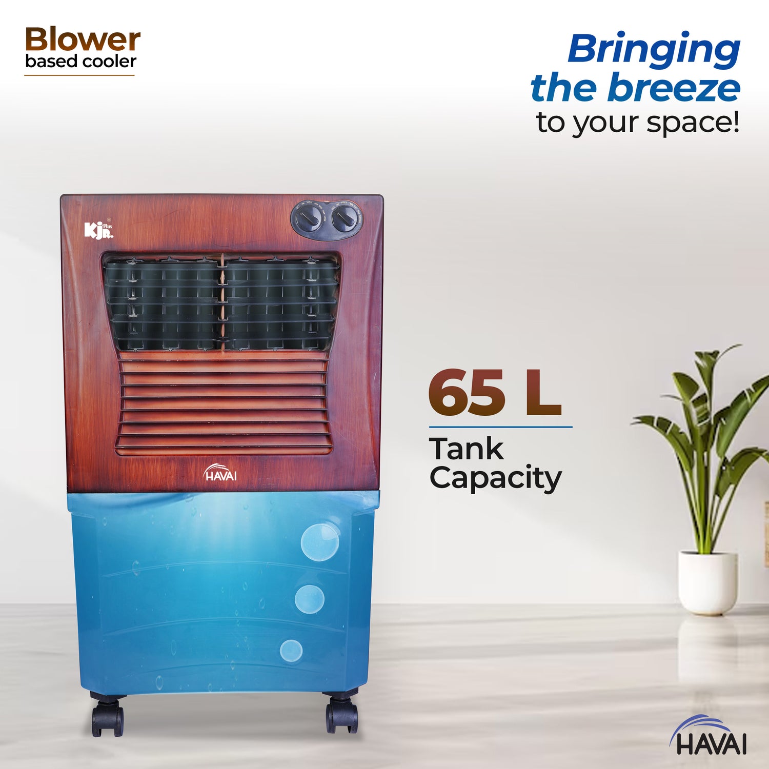 HAVAI KJR Ebony Plus Air Cooler |Wooden Finish |Blower Based Thrust | 200 Sq. Ft Area Coverage |12-Foot Air Throw |65 Litre Tank Capacity, Three Side Honeycomb, Ice Chamber, 1 Year Warranty