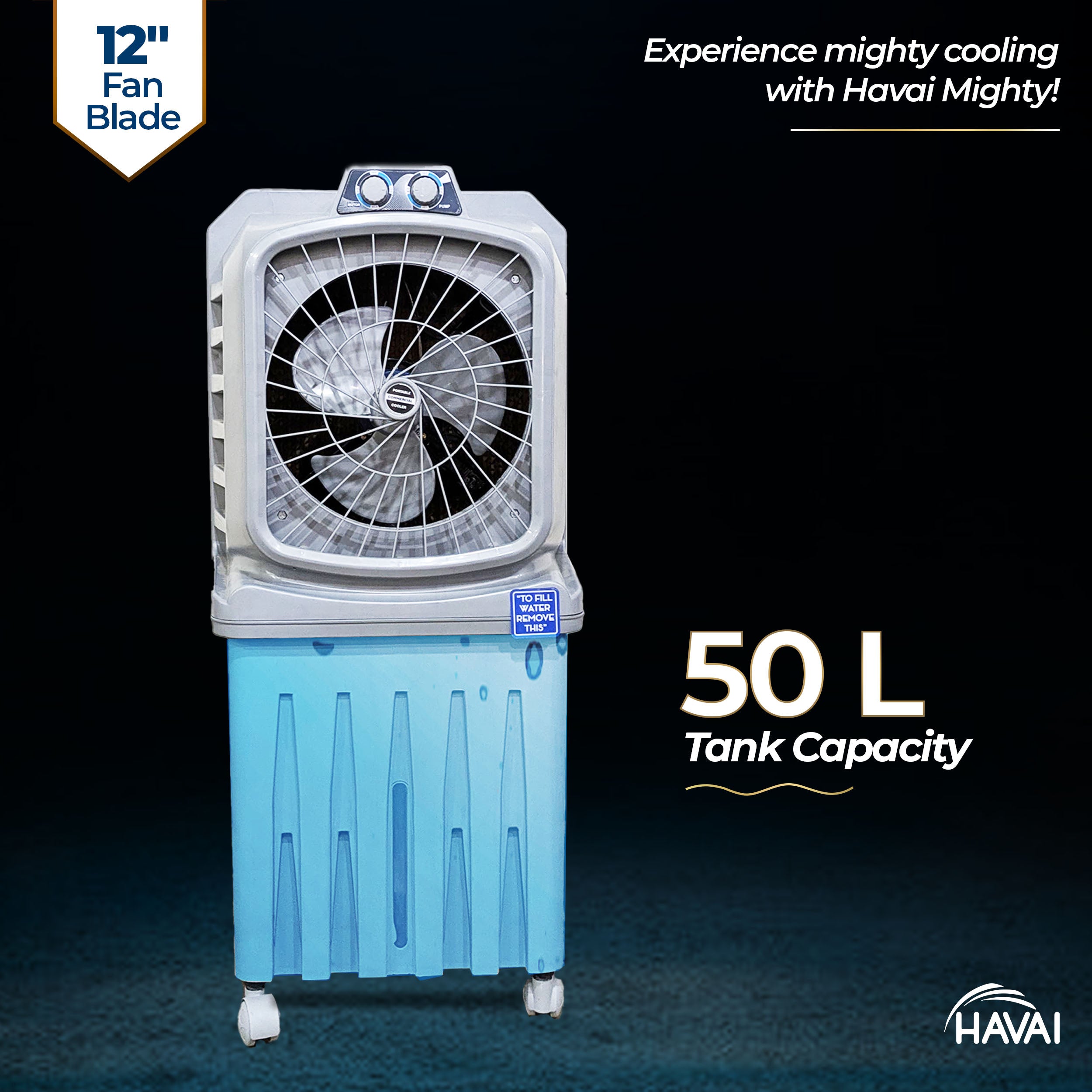 HAVAI Mighty 12 Personal Air Cooler | 12 inch Blade | 50L Tank Capacity, 120W Power, 200 Sq. Ft. Area Coverage | 15 Ft. Air Throw, 3-Speed Control, Grey