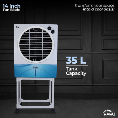 HAVAI JJR Air Cooler |14 inch Blade |Trolley Included |200 Sq. Ft Area Coverage |12-Foot Air Throw | 35 Litre Tank, Three Side Honeycomb, Ice Chamber, 1 Year Warranty