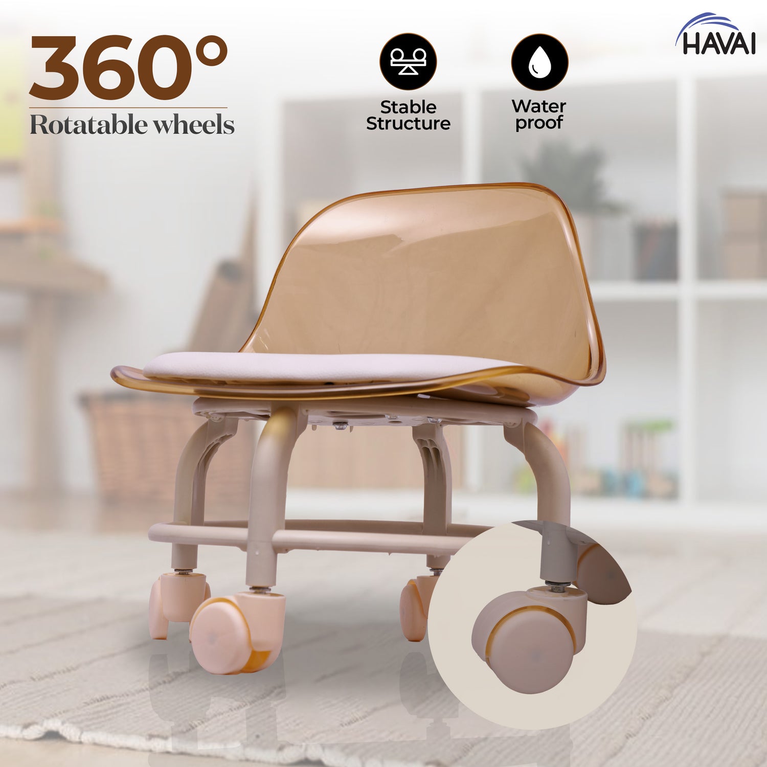 HAVAI Rolling Chair – 360° Rotatable Wheels, Backrest, Wide Seating Surface, Playful Chair for Active People