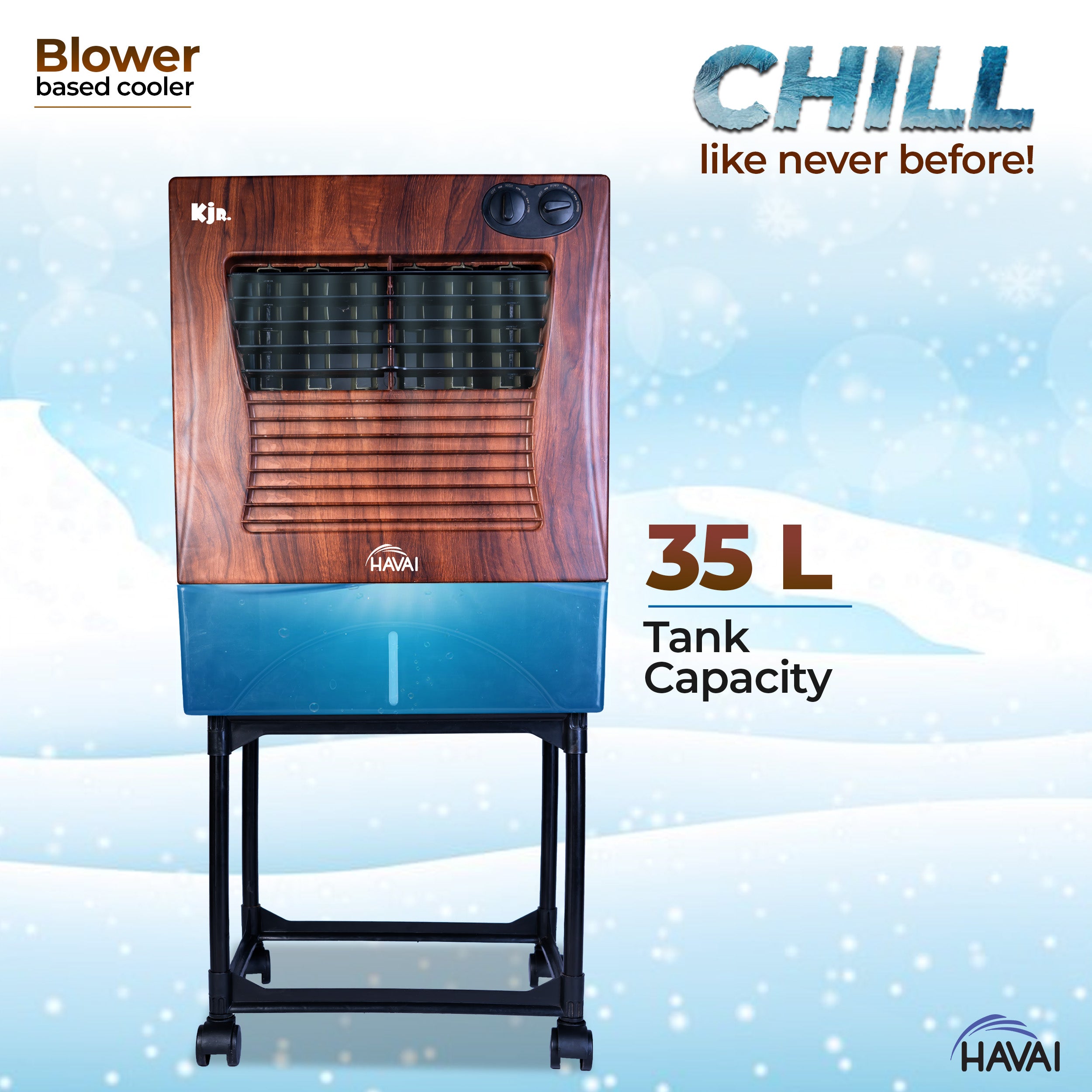 HAVAI KJR Ebony Air Cooler | Wooden Finish | 12-Foot Air Throw | 200 Sq. Ft. Coverage | 35-Litre Tank with Ice Chamber | 3-Sided Honeycomb | Trolley Included | 3-Speed Control | 1-Year Warranty