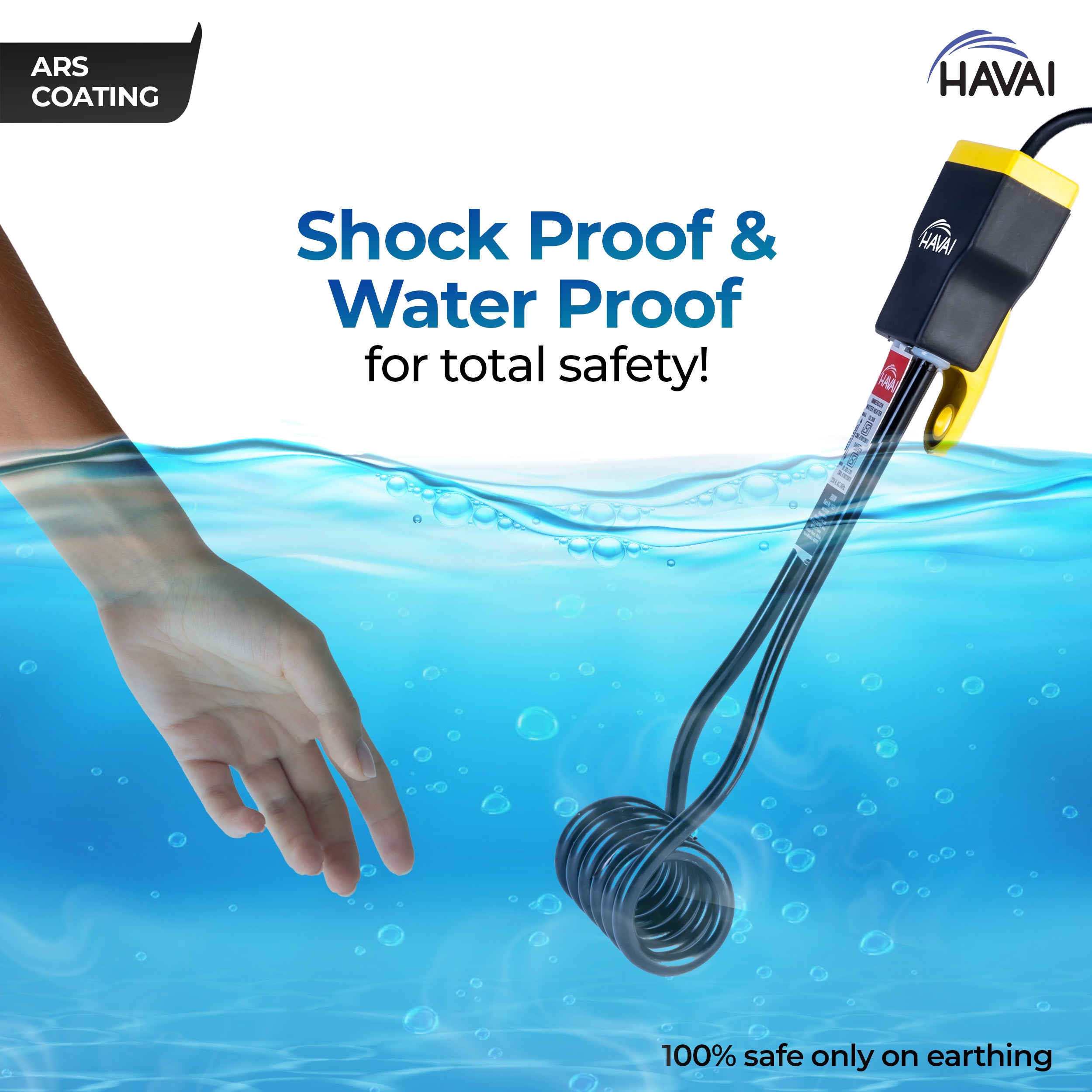 Havai Immersion Rod with ARS Coating | Salt Water Protection | Waterproof | Rust Resistant | ISI Certified 3 Pin Powerchord | Model Flat Yellow Handle | 1 Year Replacement Warranty (2000, Watts)