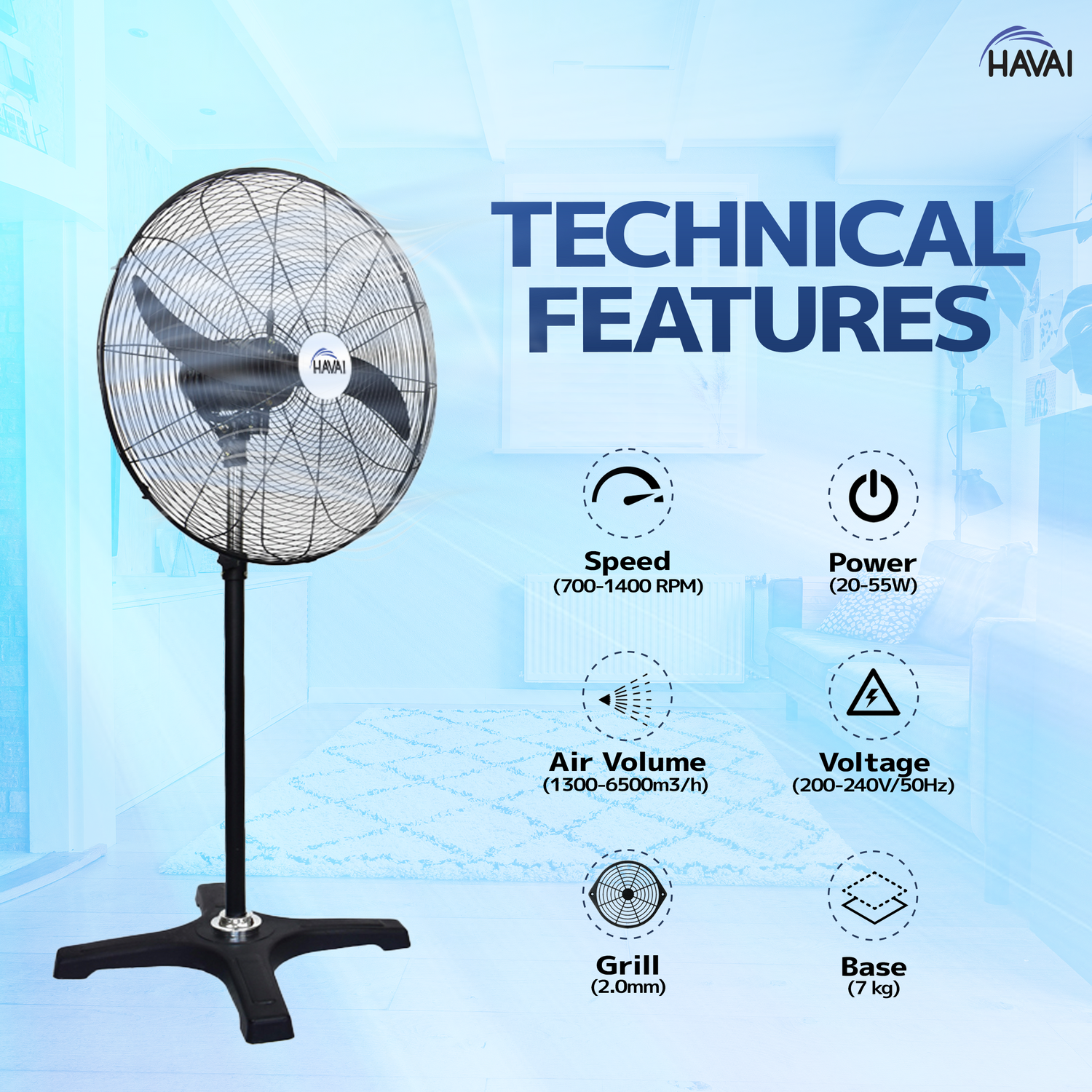 Havai BLDC Pedestal Fan 20 Inch, 50% Savings On Electricity, High Velocity, Heavy Duty Metal For Industrial, Commercial And Residential Use, Assembly Included , Black