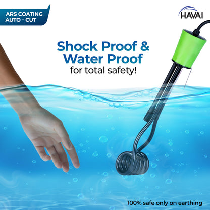 Havai Immersion Rod with ARS Coating | Salt Water Protection | Waterproof| Smart Auto Cut Feature | ISI Certified 3 Pin Powerchord | Model Green Handle | 1 Year Replacement Warranty (1500, Watts)