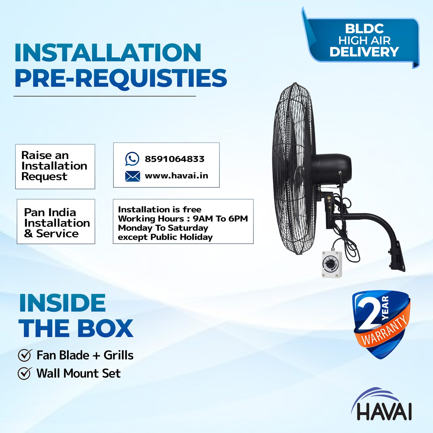 HAVAI 26&quot; BLDC High-Speed Wall-Mount Fan – 3-Blade Design, Energy Efficient (20W-135W), 700-1400 RPM, 13,500 M³/Hr Airflow, 60-Foot Air Throw, 4-Speed Control, 2-Year Warranty