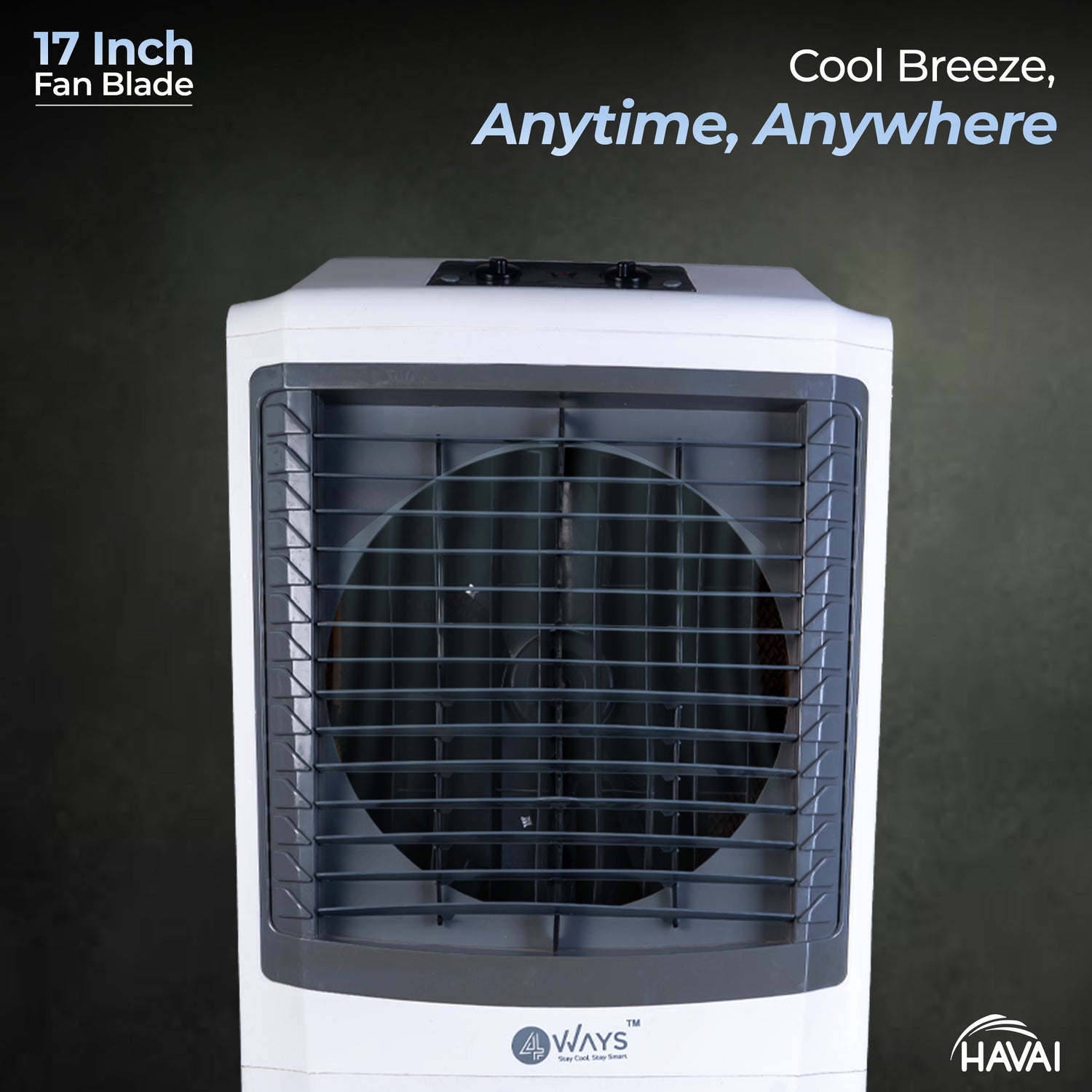 HAVAI 4 Way Plus Cooler | 17-Inch Fan Blade | High Thrust Energy | 500 Sq. Ft Area Coverage | 25-Foot Air Throw | 80 Litre Tank | Three-Side Honeycomb Pads | 1-Year Warranty | Sleek Design