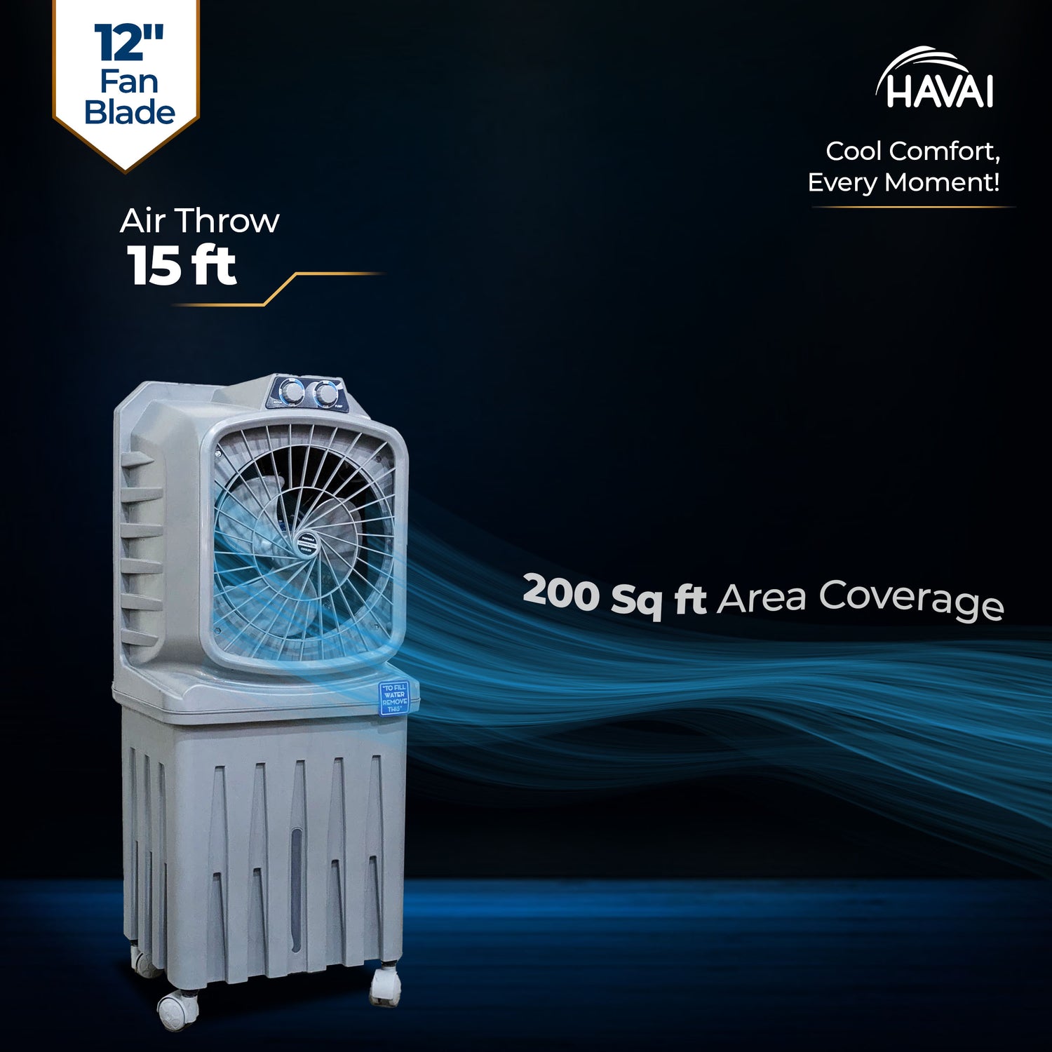 HAVAI Mighty 12 Personal Air Cooler | 12 inch Blade | 50L Tank Capacity, 120W Power, 200 Sq. Ft. Area Coverage | 15 Ft. Air Throw, 3-Speed Control, Grey