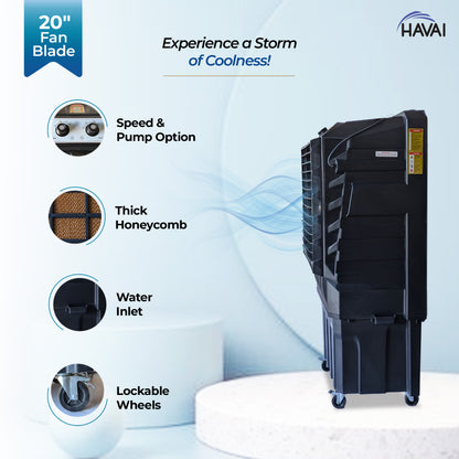 HAVAI Thunder 20+ Desert Cooler |20 Inch Aluminum Blade |600 Feet Area Coverage|130 Litre Tank Capacity, Lockable Wheels, Auto Swing, Thick Dense Honeycomb, 1 Year Warranty|3 Speed Control