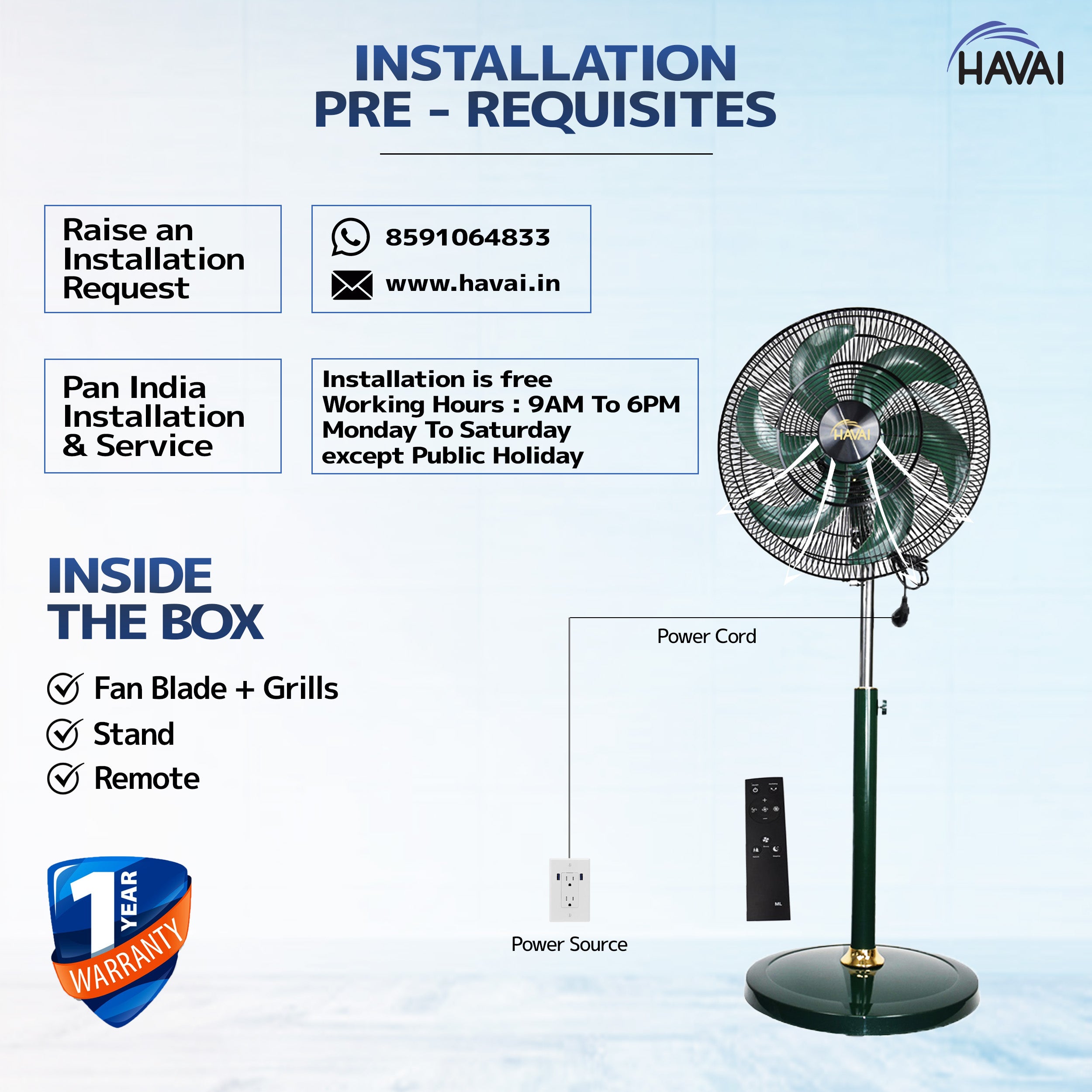 Havai BLDC 18&quot; Pedestal Fan, Soundless, 50% Savings On Electricity, High Velocity,For Commercial And Residential Use, Assembly Included , Green - With Remote