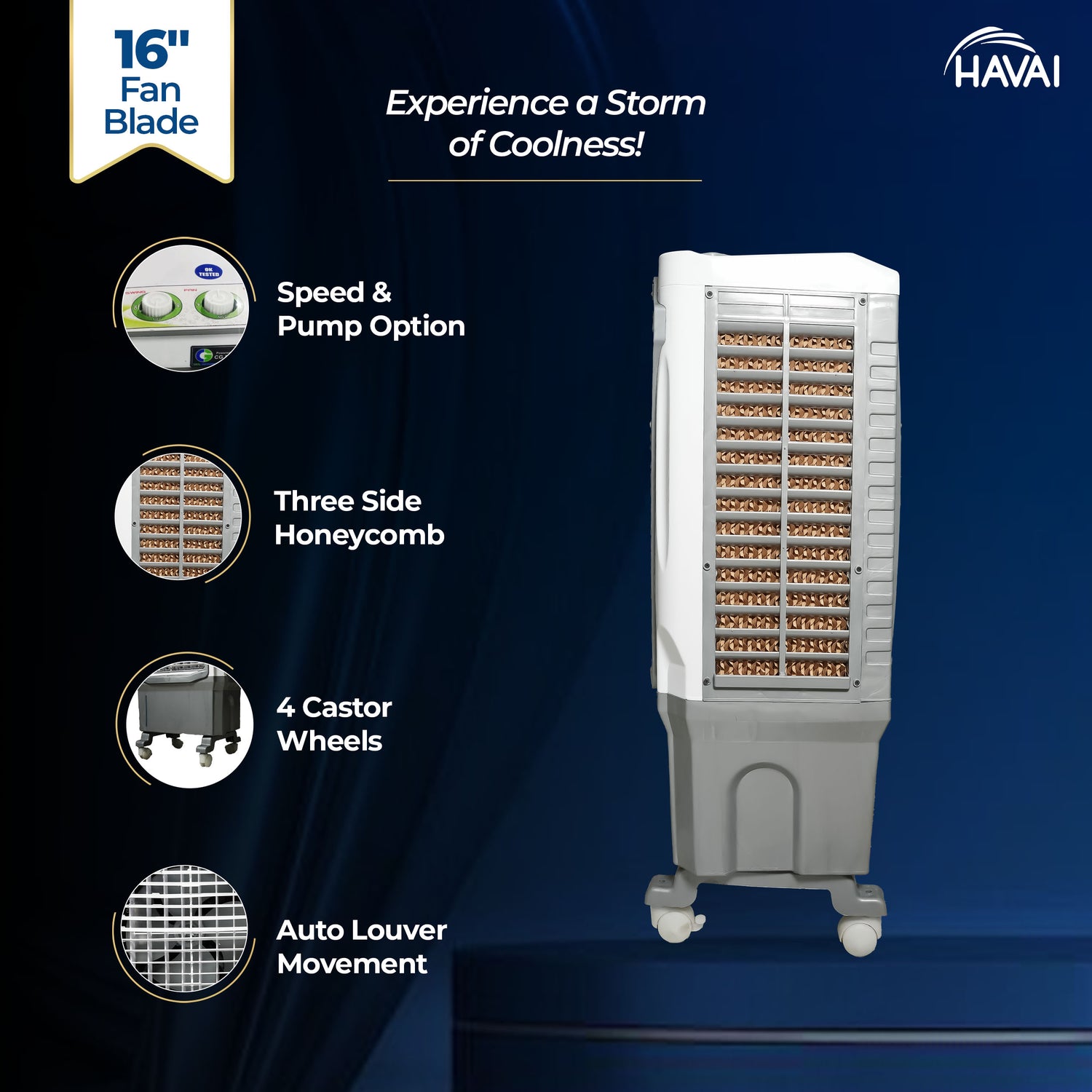 HAVAI Breeze 60L Desert Air Cooler | 16&quot; Fan Blade | 60L Tank Capacity | 500 Sq. Ft. Coverage | Auto Swing | Back Honeycomb Pads | White &amp; Grey