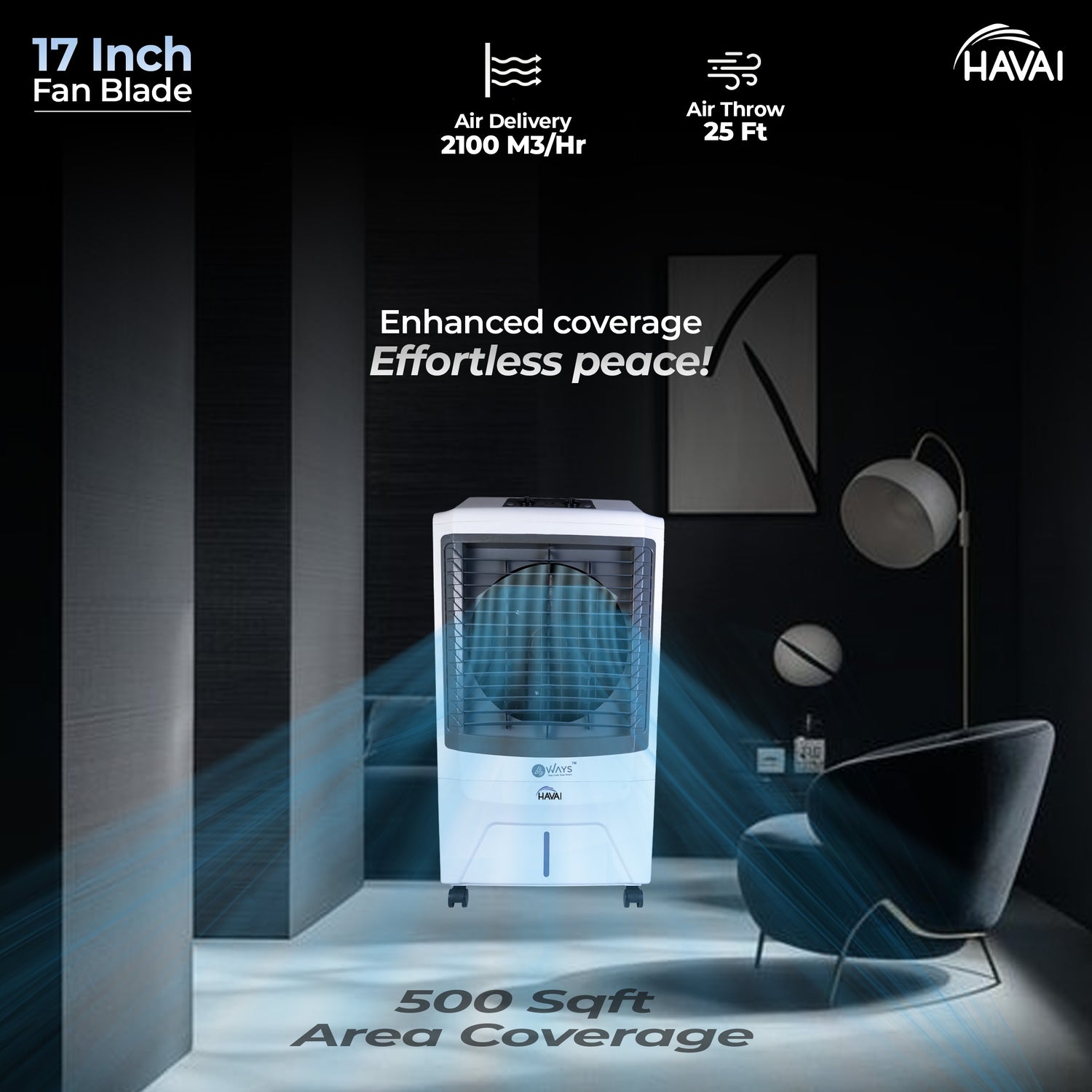 HAVAI 4 Way Plus Cooler | 17-Inch Fan Blade | High Thrust Energy | 500 Sq. Ft Area Coverage | 25-Foot Air Throw | 80 Litre Tank | Three-Side Honeycomb Pads | 1-Year Warranty | Sleek Design