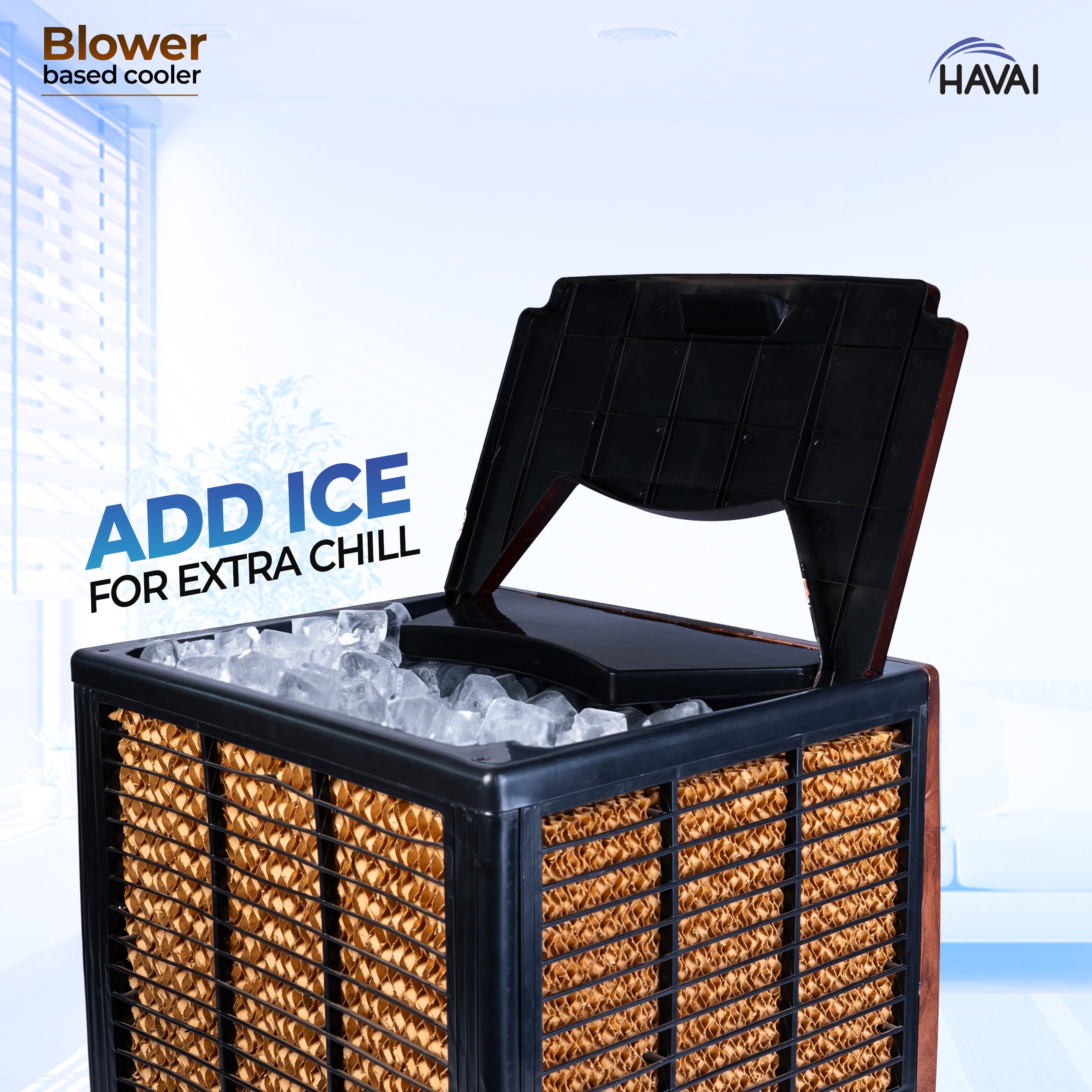 HAVAI KJR Ebony Plus Air Cooler |Wooden Finish |Blower Based Thrust | 200 Sq. Ft Area Coverage |12-Foot Air Throw |65 Litre Tank Capacity, Three Side Honeycomb, Ice Chamber, 1 Year Warranty