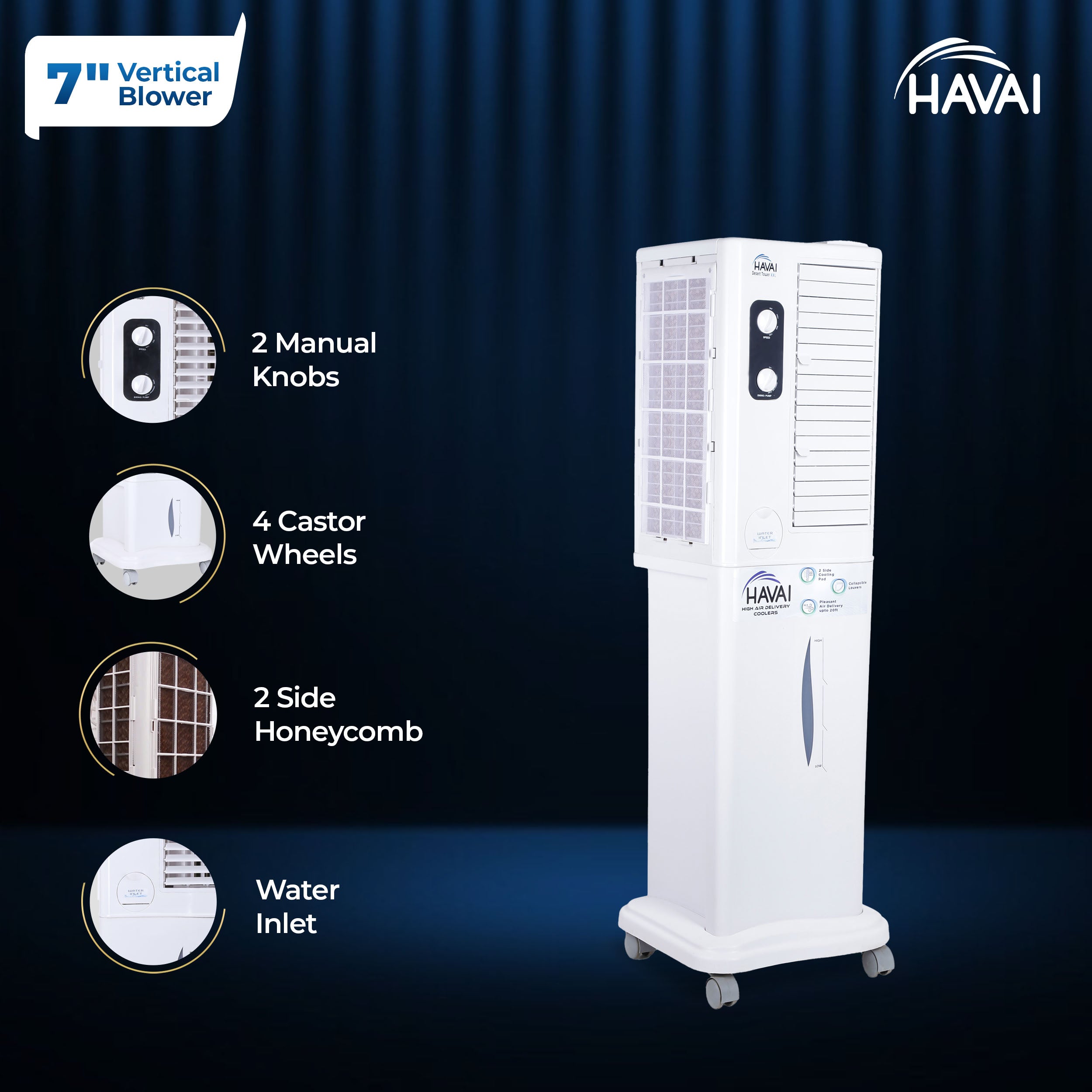 HAVAI Desert Tower XXL Cooler with Powerful Vertical ABS Blower - 60 L, White