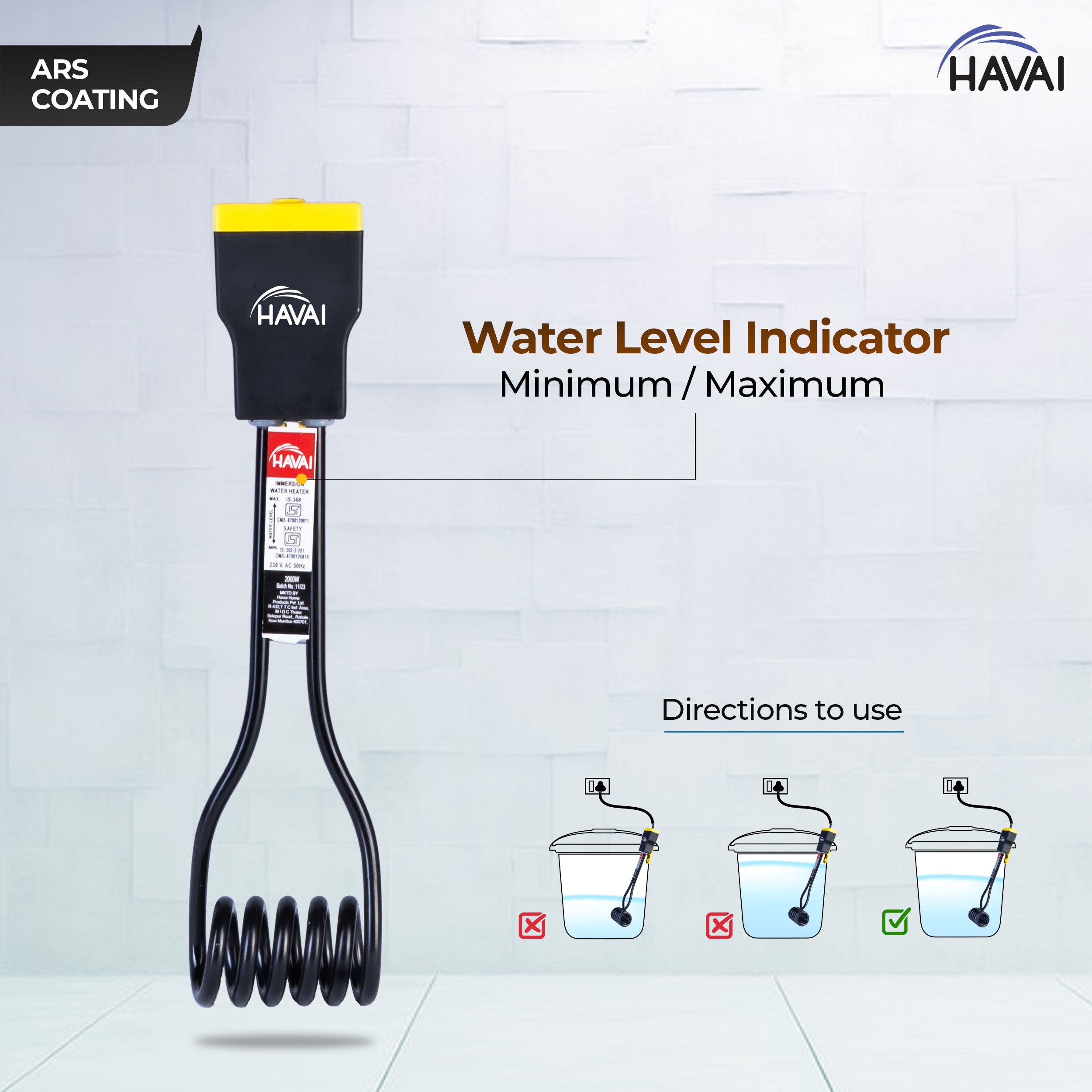 Havai Immersion Rod with ARS Coating | Salt Water Protection | Waterproof | Rust Resistant | ISI Certified 3 Pin Powerchord | Model Flat Yellow Handle | 1 Year Replacement Warranty (1500, Watts)