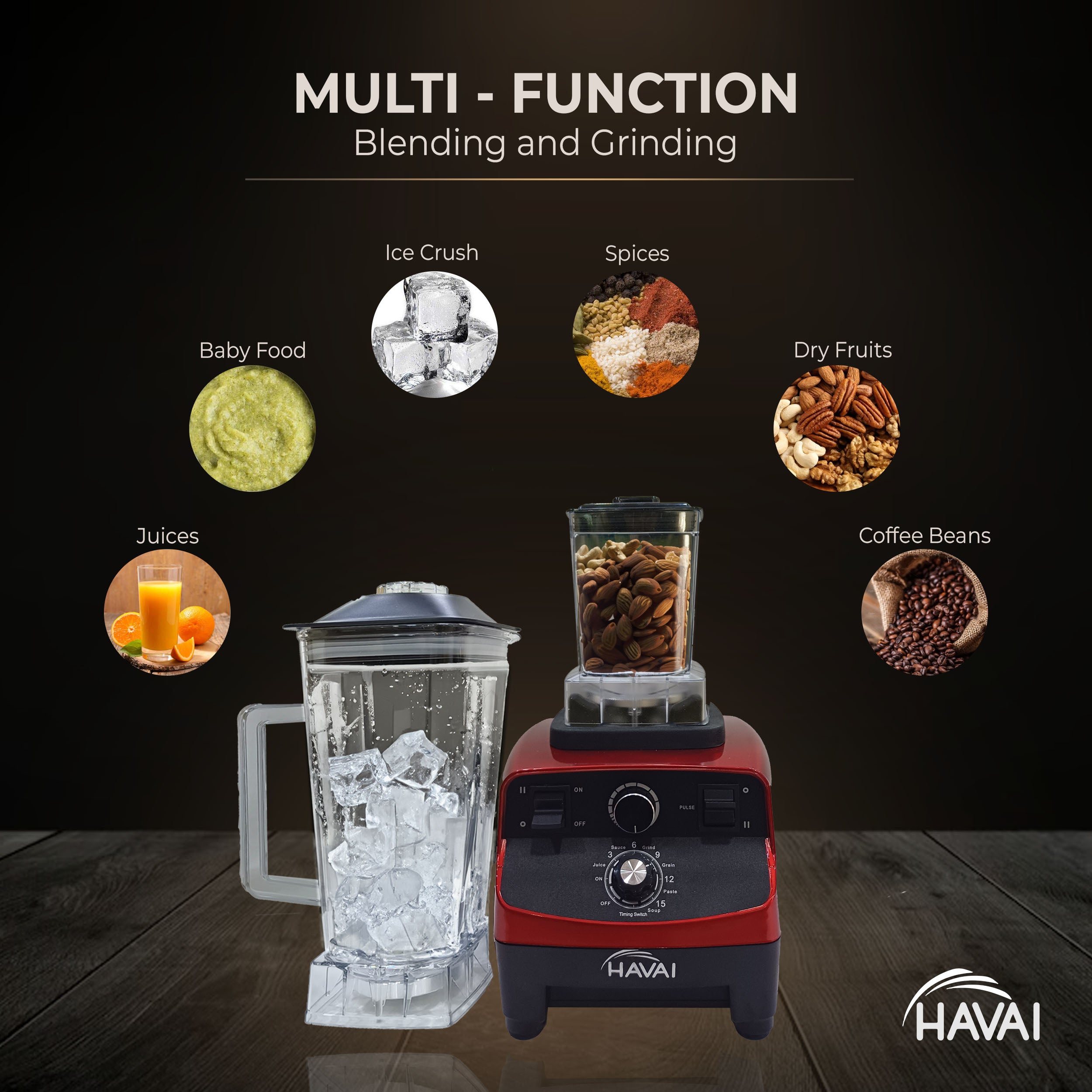 HAVAI Professional Heavy Duty Blender/Grinder/Mixer, 1200W, 2L &amp; 600ml Small Grinding Jar, Crush Ice - Make Shakes, Grind Spices and Smoothies (RED)